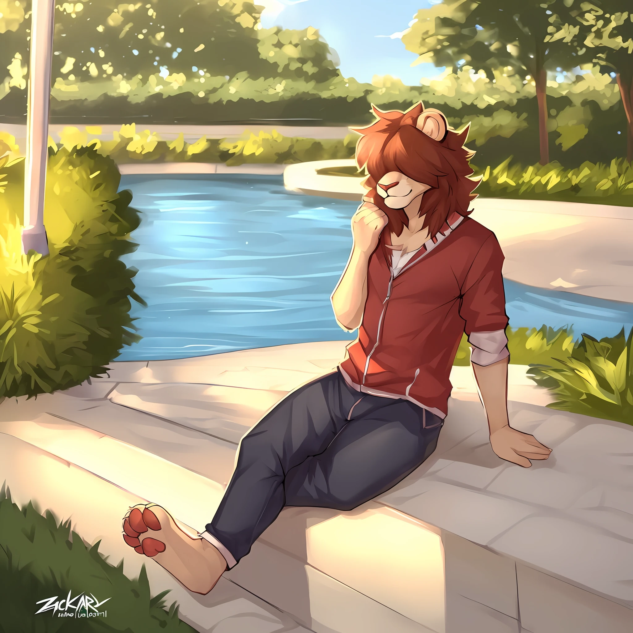 thin male solo cartoon lion by zackary911 hair over eyes wearing clothes in public park water feature sunlit people in background Paws instead of hands and feet paws visible