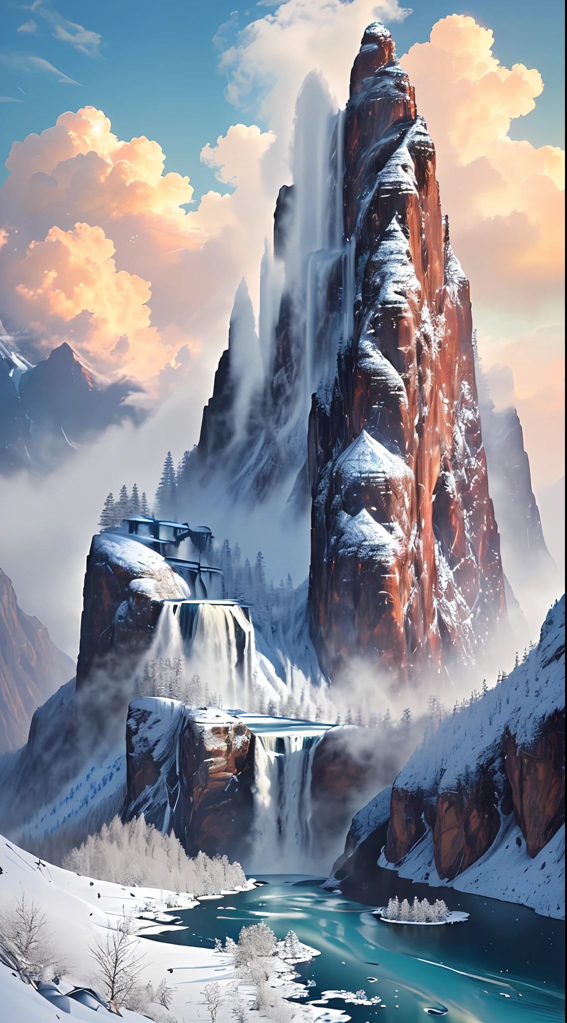 Masterpiece, best quality, high quality, extremely detailed CG unity 8k wallpaper, landscape, outdoor, sky, cloud, sky, no humans, mountain, landscape, water, tree, blue sky, waterfall, cliff, nature, lake, river , cloudy skies, award winning photography, bokeh, depth of field, HDR, bloom, chromatic aberration, photorealism, very detailed, trending on artstation, trending on CGsociety, intricate, high detail, dramatic, midjourney art
