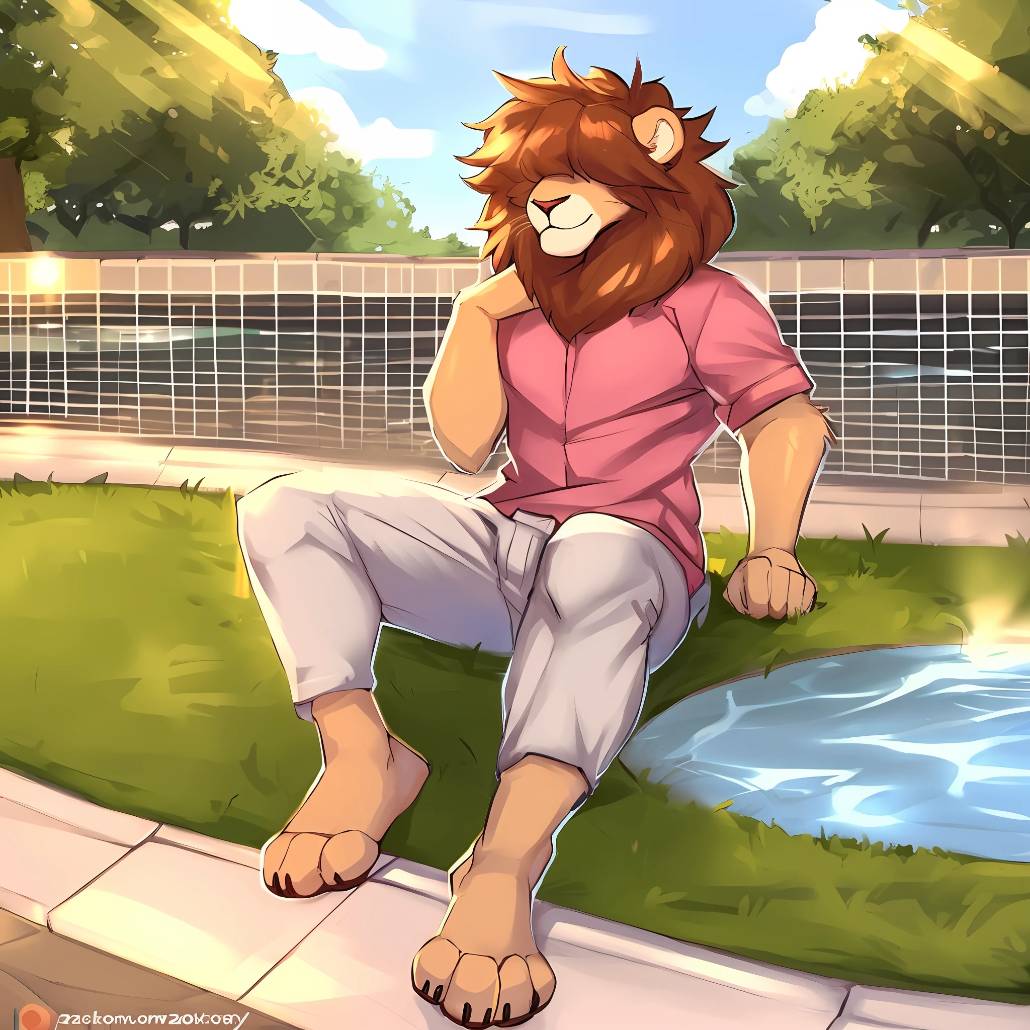 thin male solo cartoon lion by zackary911 hair over eyes wearing clothes in public park water feature sunlit people in background Paws instead of hands and feet paws visible