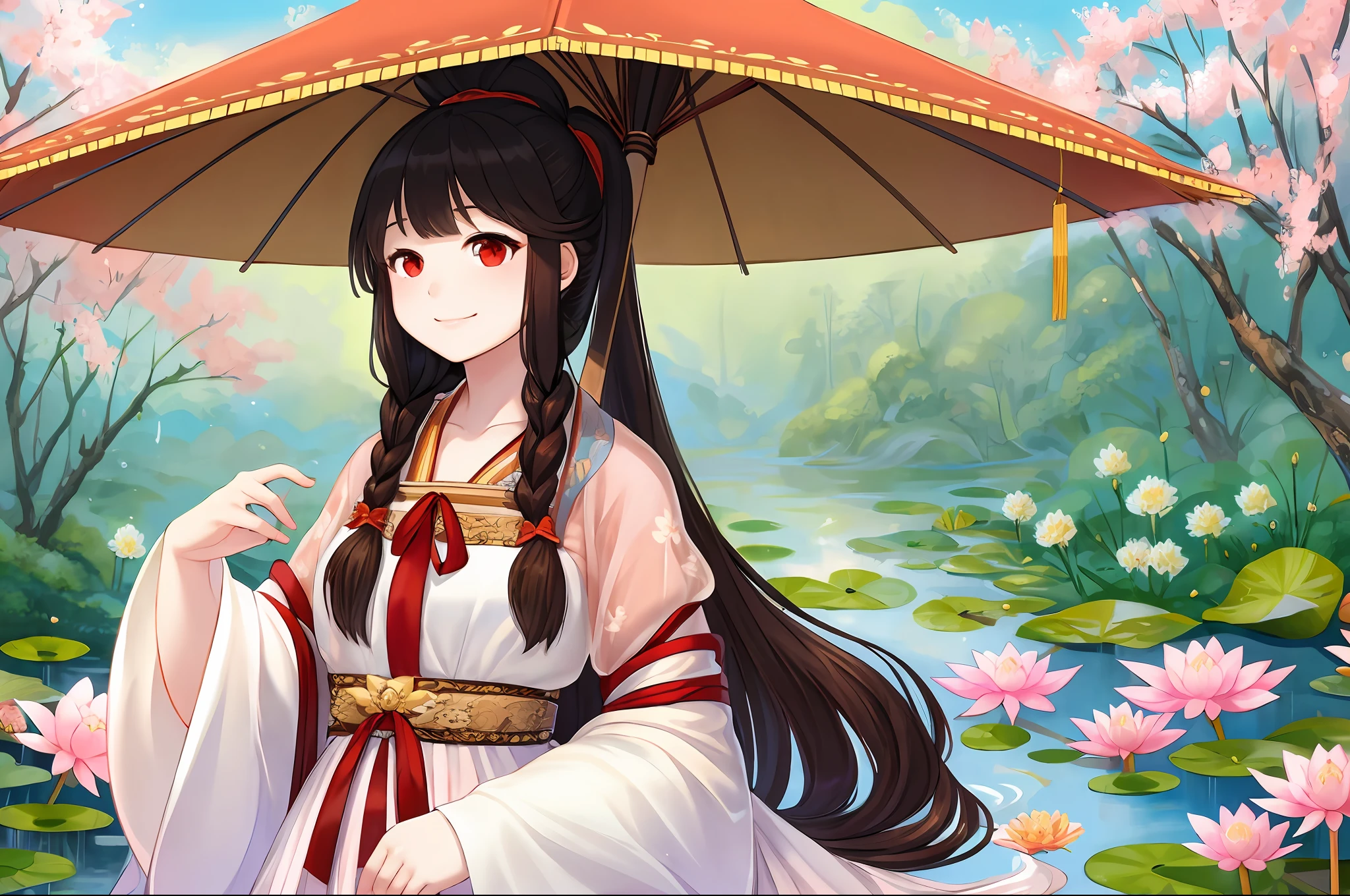masterpiece, best quality, chinese girl, umbrella, long hair, solo, holding umbrella, female focus, flower, brunette hair, holding, chinese clothes, hanfu, 1girl, braid, water lily pad, water, lotus, oil paper umbrella, long sleeves, white flowers, wide sleeves, leaves, side braids, bangs, red eyes, ponytail, belt, ribbon, very long hair, myshouen, shut up, smile, look at the audience, koi, floating hair, upper body