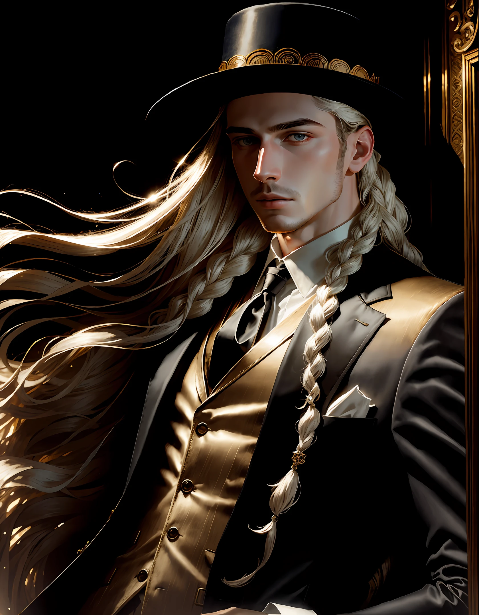 masterpiece, highest quality, solo focus, (perfect face:1.1), (high detail:1.1),dramatic, 1guy, (pale skin), long voluminous braided white hair, white eyes, solo, long hair, moon, night, white luxury suit, white fedora hat, covered navel, pouty lips, covered, Jazz club, detailed background, art by artgerm and greg rutkowski, gothic renaissance, cinematic lighting,