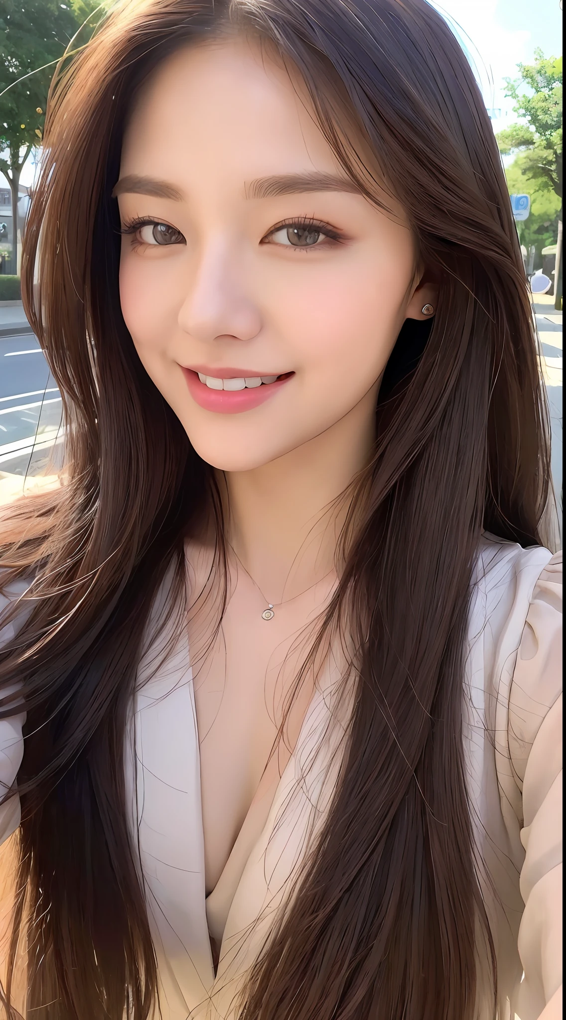 ((Best quality, 8k, Masterpiece :1.3)), 1girl, taking selfie, closeup, smiling, slim face, Pretty woman, (Dark brown hair), full length dress :1.1, Ultra-detailed face, Detailed eyes, Double eyelid, blur background, slim face, city, outside, street, sunny, sky, Nature
