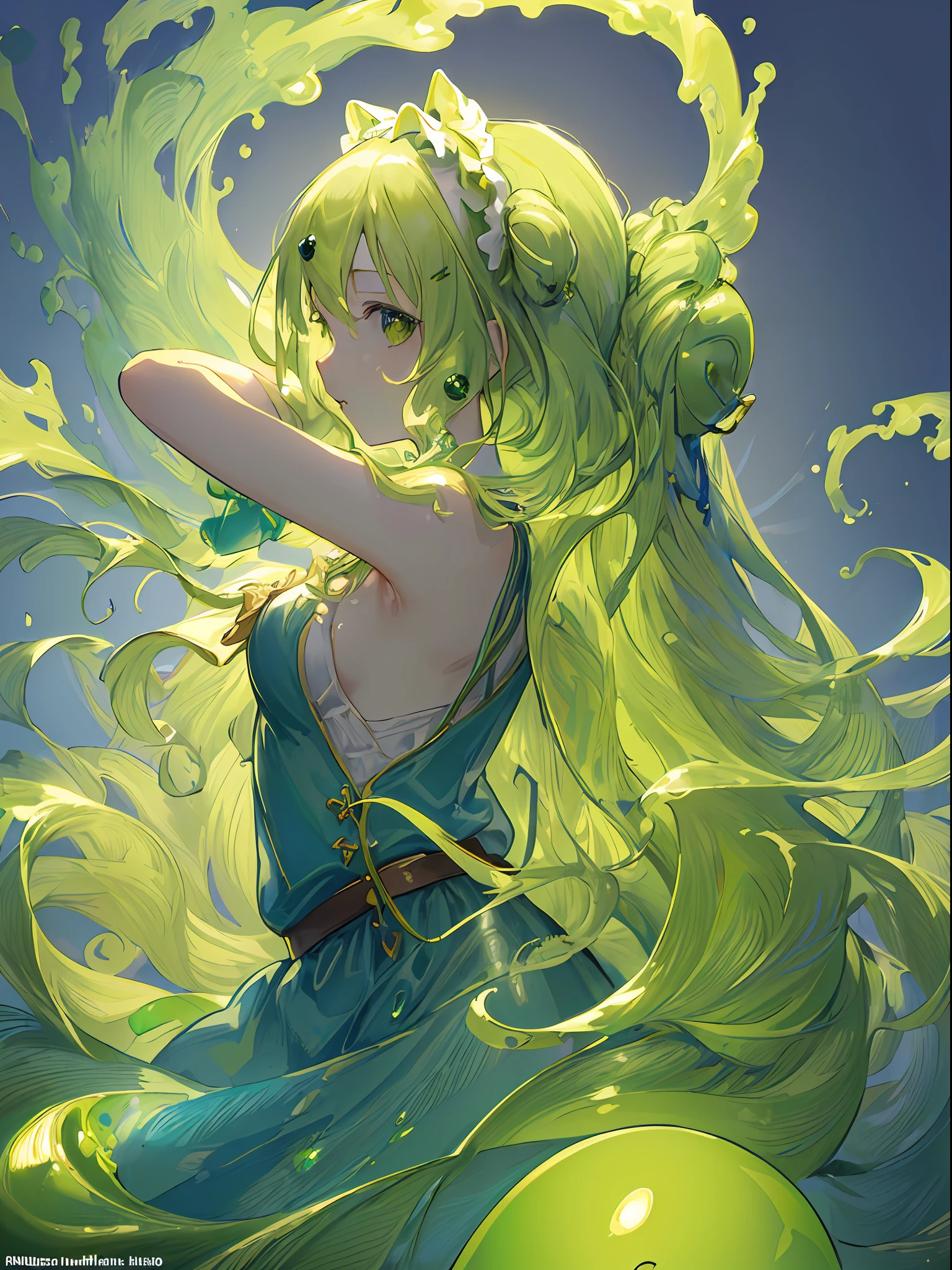 (((masterpiece))), (((illustration))), ((portrait)), ((strong outlines)), profile picture, 1girl, solo, fantasy (slime girl), green slime, green skin, green slimy skin, arms behind head, water hair, super wavy hair, digital art, art by Mika Pikazo, trending on ArtStation, featured on Pixiv