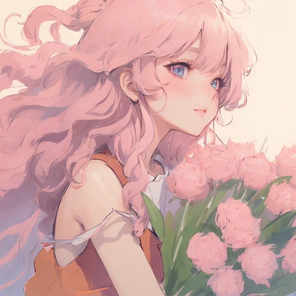Anime girl with pink hair holding a bouquet of pink flowers, anime style portrait,