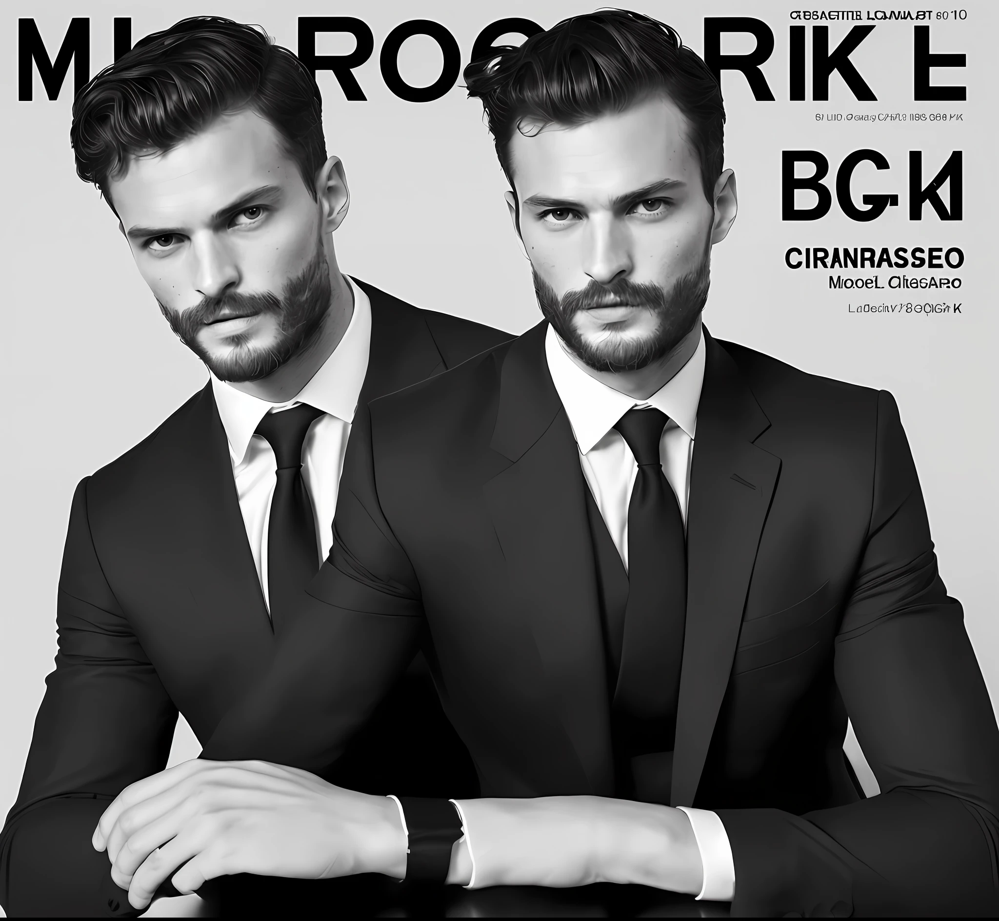 (create a ceo wearing black suit without tie), (Moreno with symmetrical model face), wearing thin beard, dark short hair, magazine cover style, man similar to actor jamie dornan, (high quality and realistic image), black dark background, cinematic style, ((Best quality, 8k, Masterpiece: 1.3)).