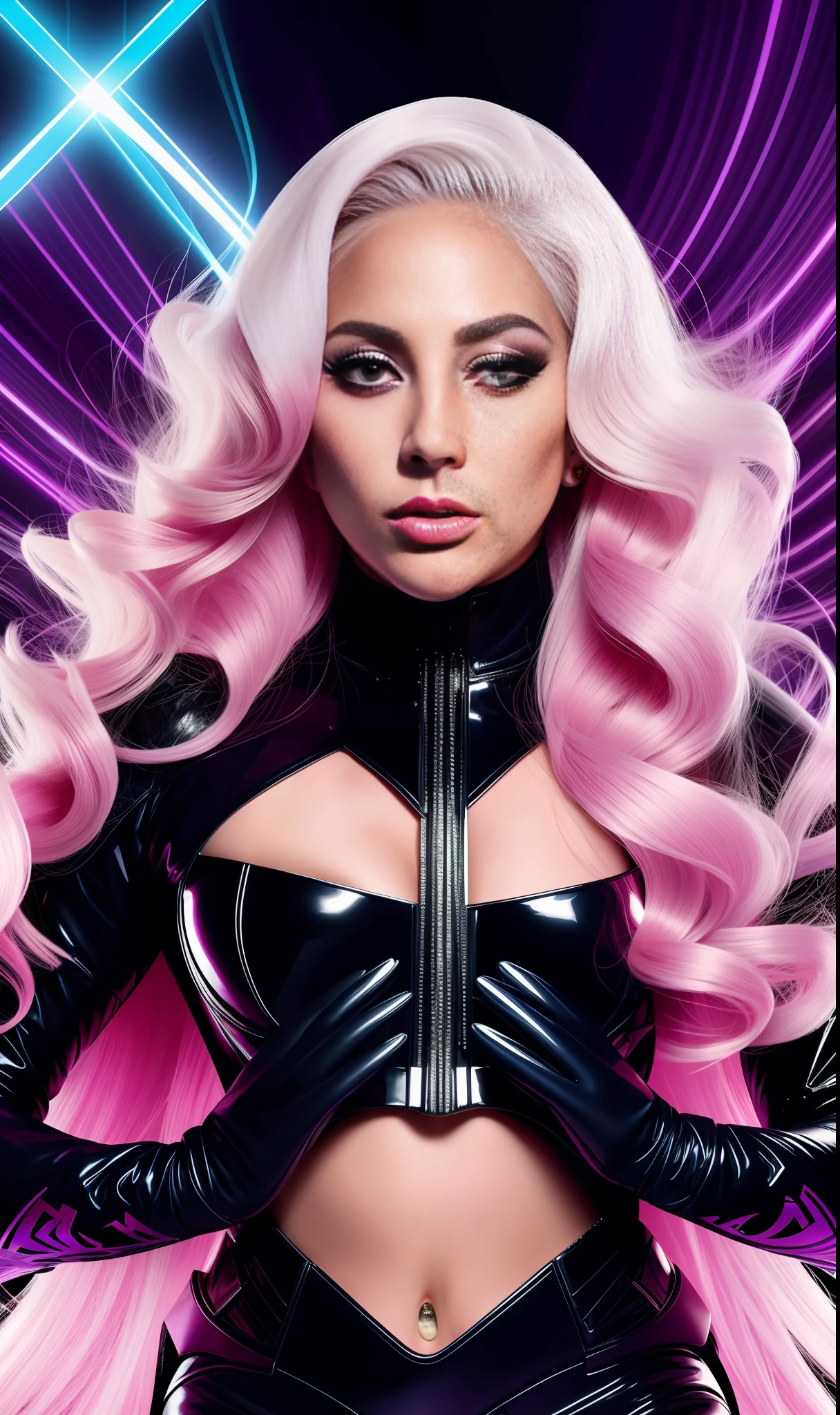 lady gaga mistique Xmen, 4K texture, long hair, high quality, extravagant hairstyle, original album cover, 8k image, futuristic, high image quality, at night, hair accessories, very realistic and defined face