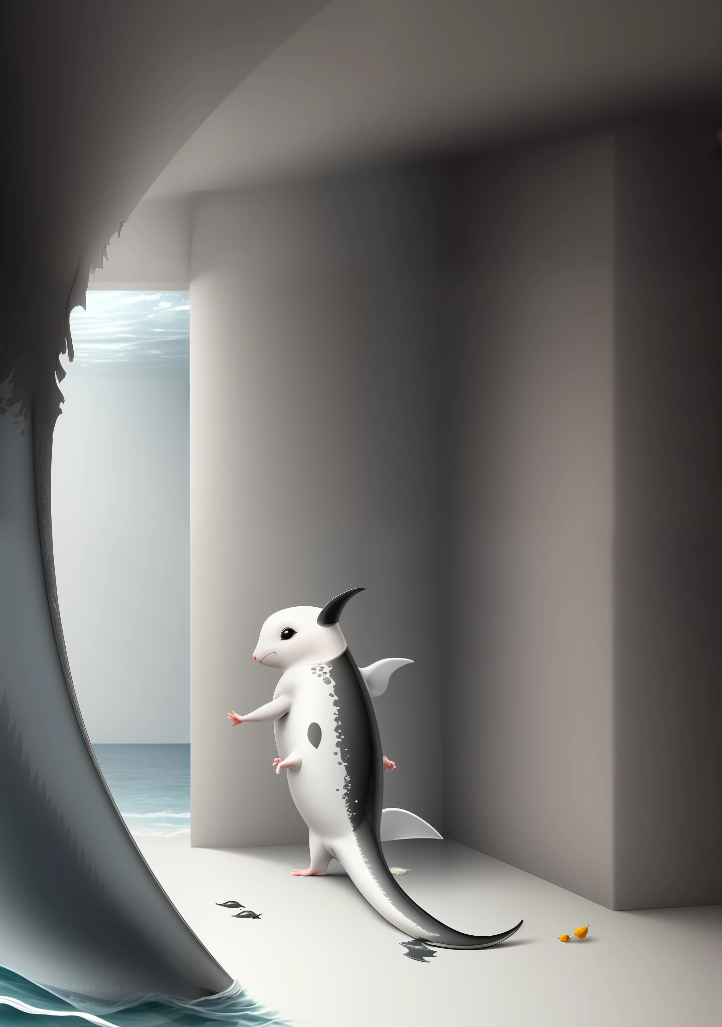 A silver-grey rat with a white underbelly that has a orca dorsal fin, fins and a tail and swims deep in the ocean