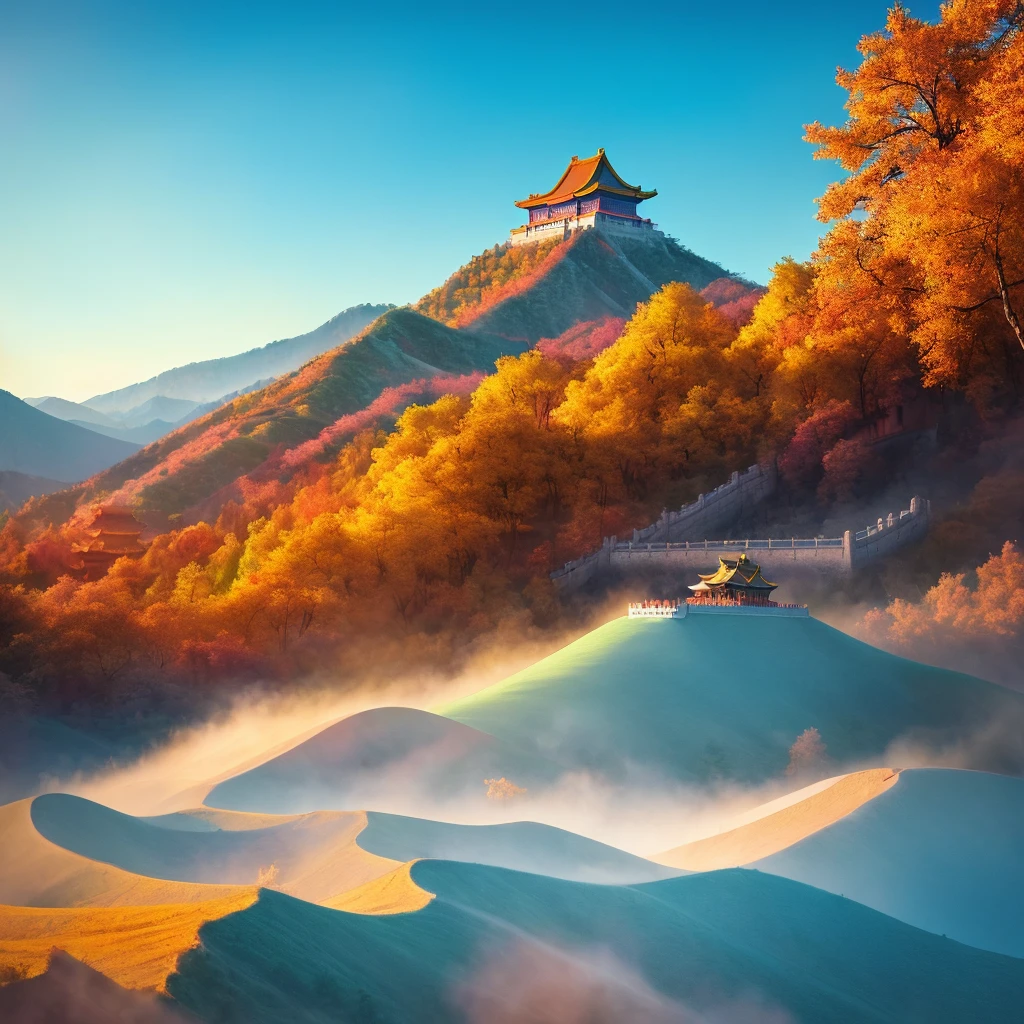 (Digital Painting), (Best Quality), Beijing, Majestic Forbidden City, Best Quality, Masterpiece, High Painting, Ink Bishim, Wu Changshuo, Bonian, Zheng Banqiao, Badashan People, Mountain Horizon, Forest, Sunset, Popular Deviant Art, Ultra-realistic 8K, Pastel Colors, Soft Lighting, Golden Hour, Calm Atmosphere, Horizon