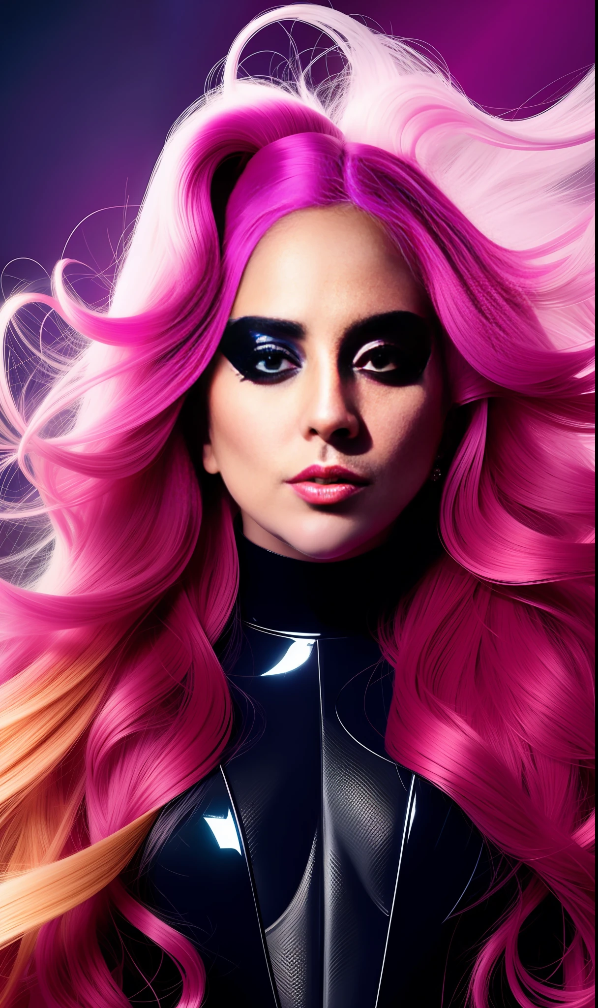 lady gaga mistique Xmen, 4K texture, long hair, high quality, extravagant hairstyle, original album cover, 8k image, futuristic, high image quality, at night, hair accessories, very realistic and defined face