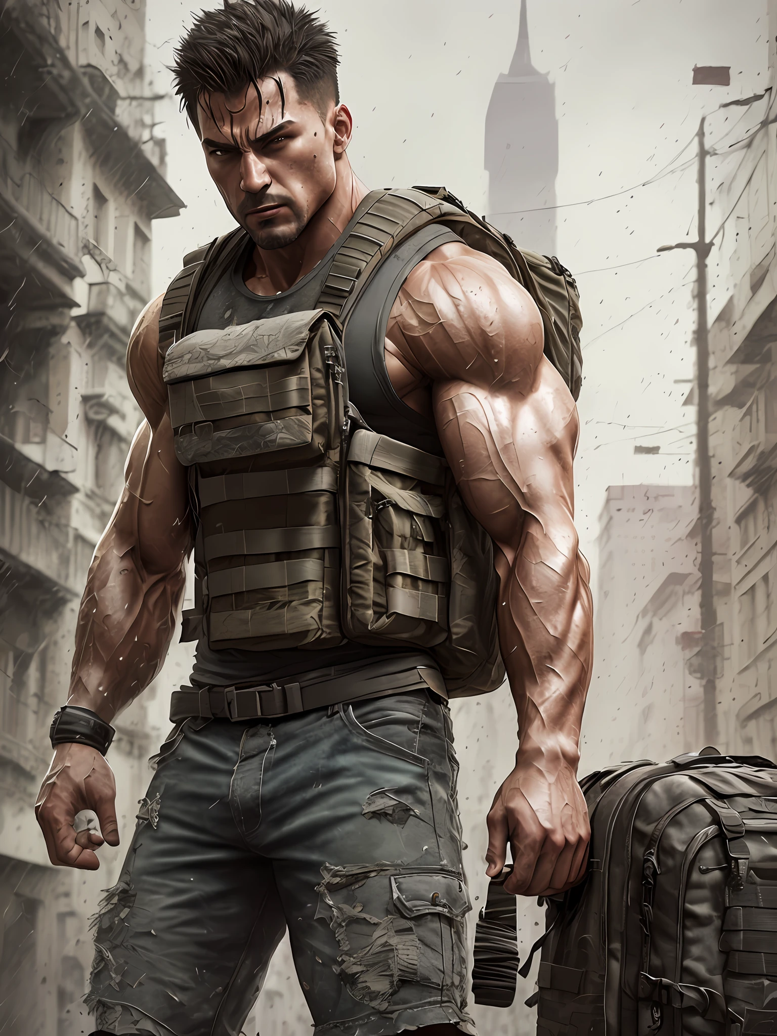 strong muscular man, street angry, backpack, epic realistic, photo, faded, complex stuff around, intricate background, soaking wet, neutral colors, ((((hdr)))), ((((muted colors)))), intricate scene, artstation, intricate details, vignette
