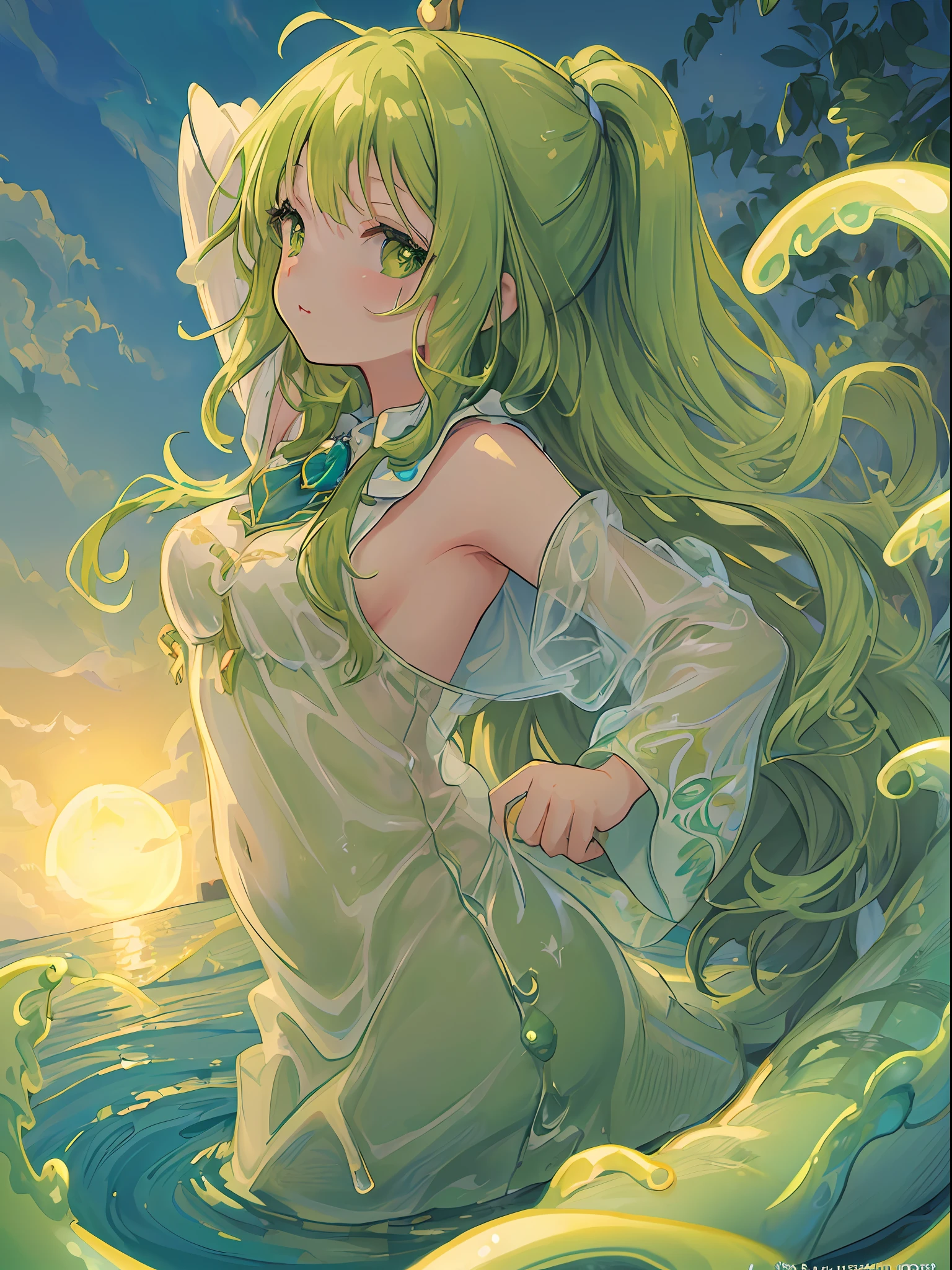 (((masterpiece))), (((illustration))), ((portrait)), ((strong outlines)), profile picture, curvy Loli, sassy, 1girl, solo, fantasy (slime girl), small breasts, green slime, green skin, green slimy skin, arms behind head, water hair, super wavy hair, digital art, art by Mika Pikazo, trending on ArtStation, featured on Pixiv