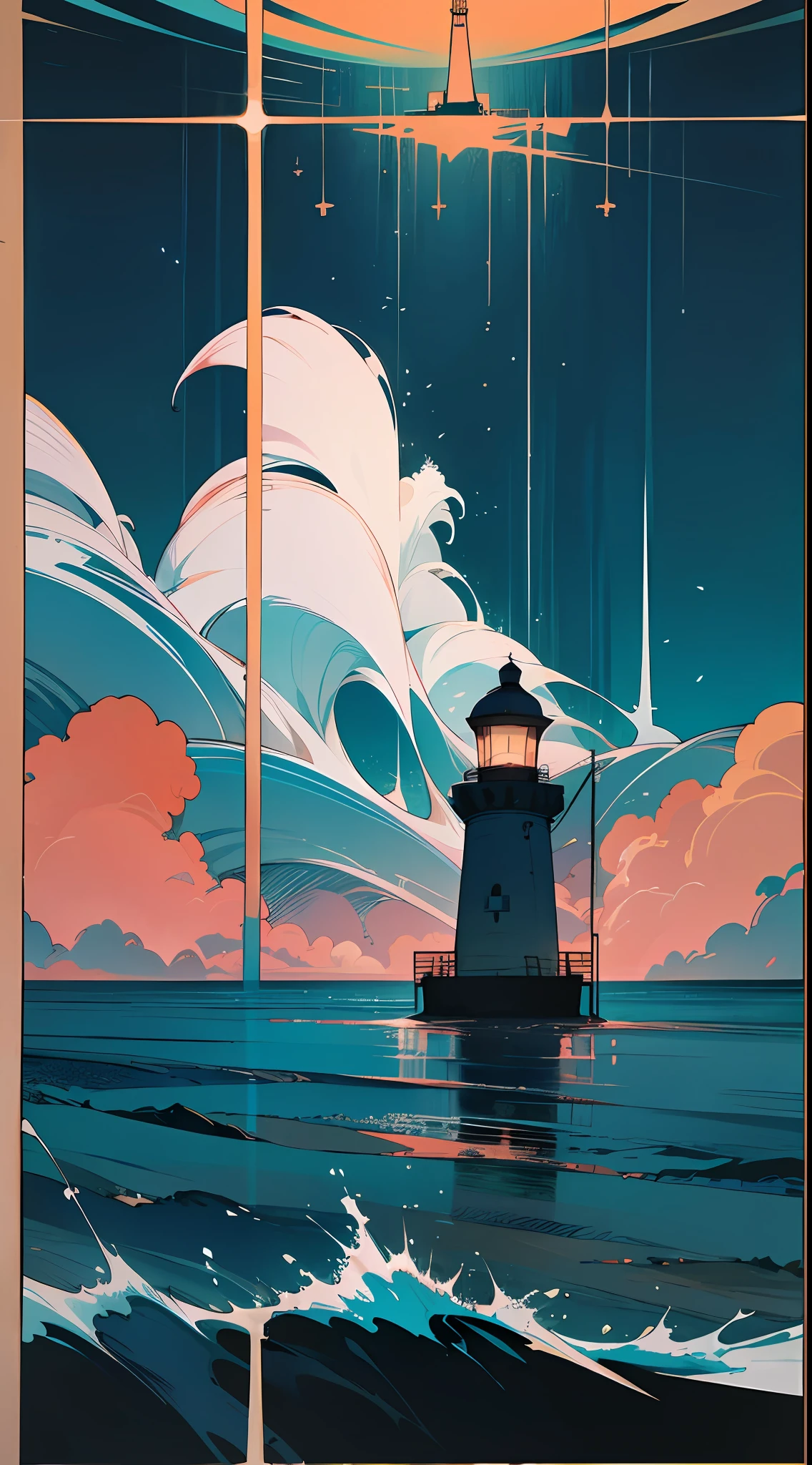 Movie poster making, horror, eerie atmosphere, night, big scene, sea, horror, far view, the main body is a man wearing modern casual clothes, leather jacket, inch head, standing on the beach, surrounded by reefs, separated by the sea, faintly lighthouse light in the distance, big scene, there is a very small figure in the distance, --v 6