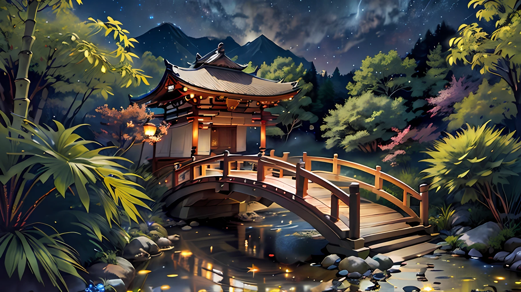 Japanese garden, small bridge and flowing water, night starry sky, summer night sky, fireflies, bamboo forest, extreme details, realistic light, epic composition, (complex details), (complex design, ultra-detail: 1.2), art station, (Masterpiece, Best Quality), Ultra HD, 32k --v 6