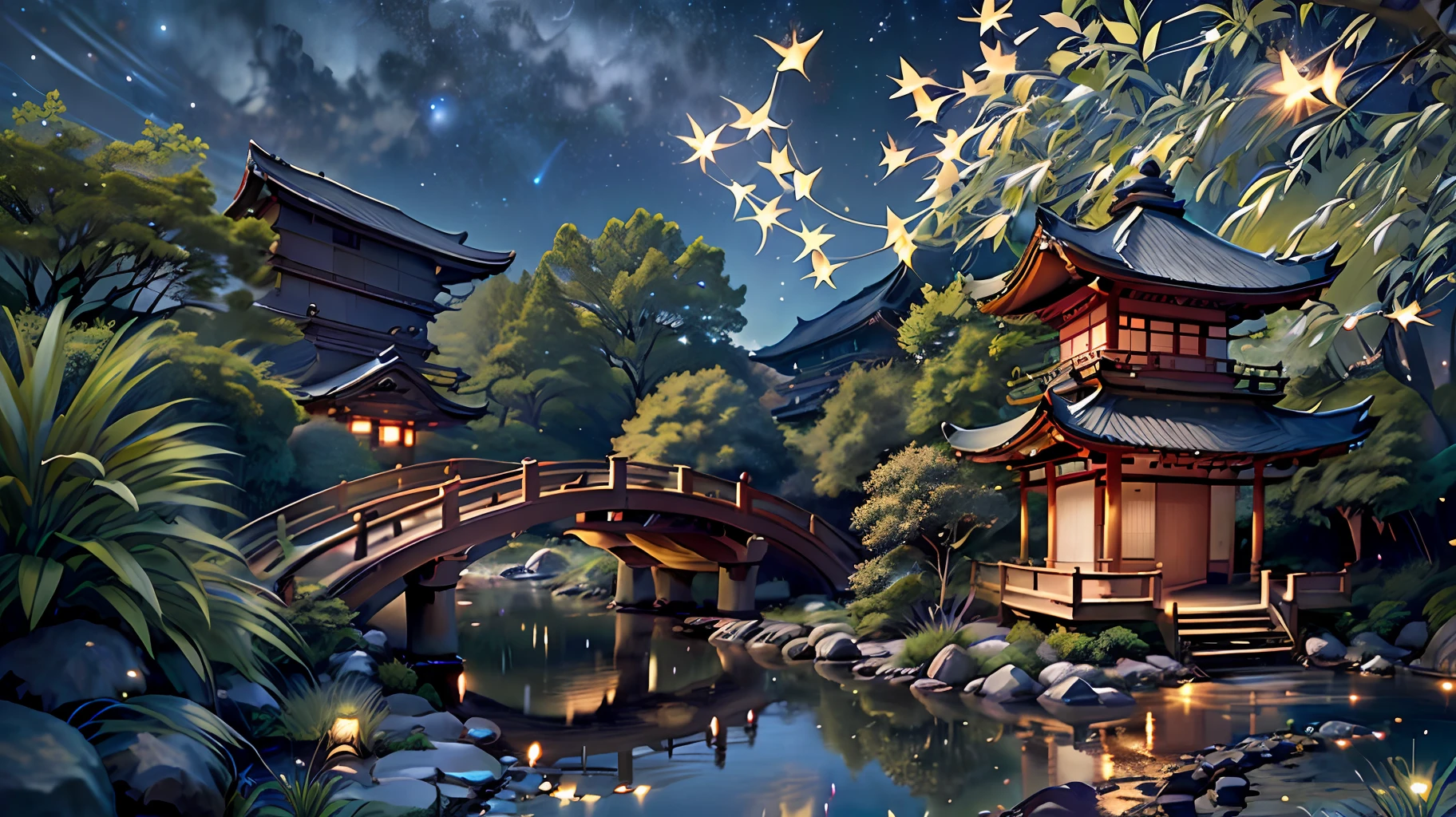 Japanese garden, small bridge and flowing water, night starry sky, summer night sky, fireflies, bamboo forest, extreme details, realistic light, epic composition, (complex details), (complex design, ultra-detail: 1.2), art station, (Masterpiece, Best Quality), Ultra HD, 32k --v 6