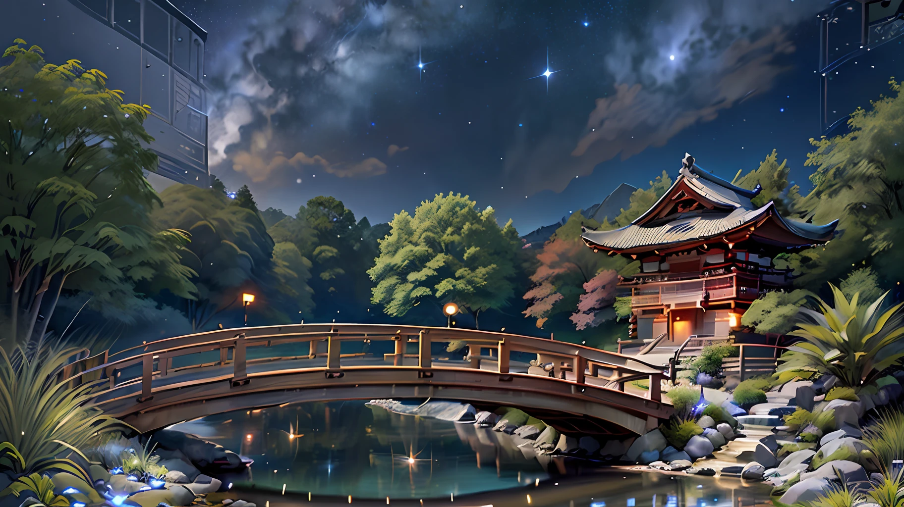 Japanese garden, small bridge and flowing water, night starry sky, summer night sky, fireflies, bamboo forest, extreme details, realistic light, epic composition, (complex details), (complex design, ultra-detail: 1.2), art station, (Masterpiece, Best Quality), Ultra HD, 32k --v 6