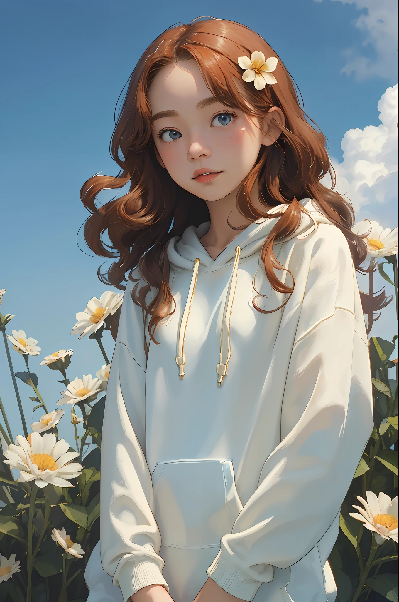 (masterpiece, best quality),1girl, ginger, solo, outdoors, letterboxed, day, sky, looking at viewer, cloud, brown eyes,
curly hair,gradient hair,hoodie,polka dot hoodie, flower_shop , upper body, blue sky, depth of field,
