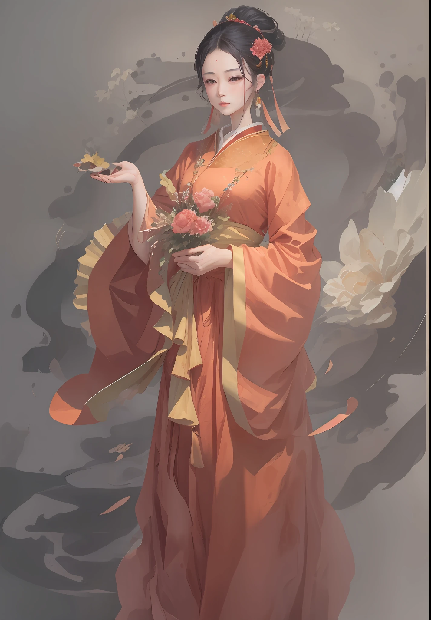 An ancient Chinese beauty, gentle temperament, dignified temperament, flowing long skirt, holding crape myrtle flowers in her hands, standing in the sun, clear face, masterpiece, ultra-detailed, epic composition, high quality, highest quality, 4k --v 6