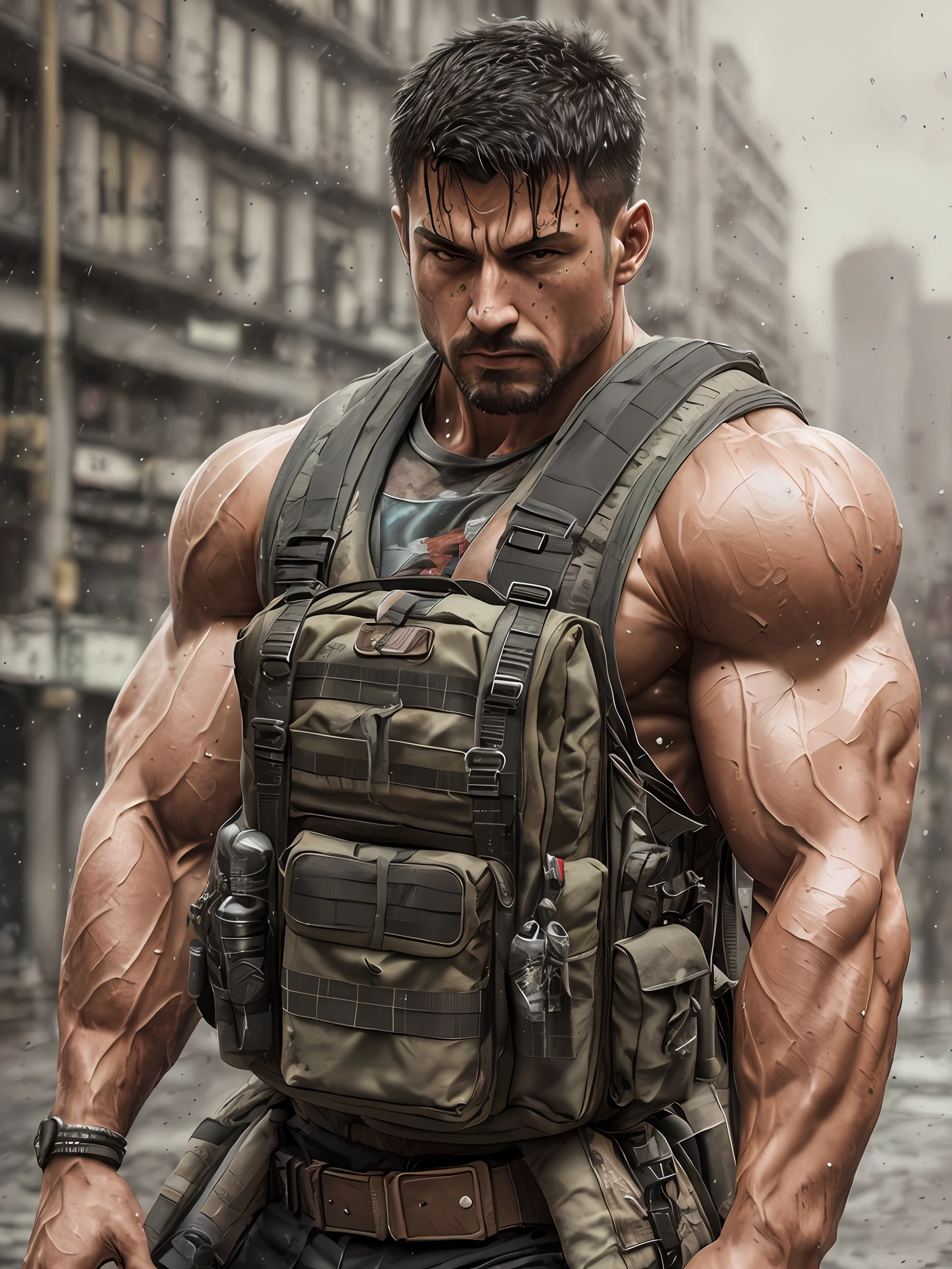 strong muscular man, street angry, backpack, epic realistic, photo, faded, complex stuff around, intricate background, soaking wet, neutral colors, ((((hdr)))), ((((muted colors)))), intricate scene, artstation, intricate details, vignette