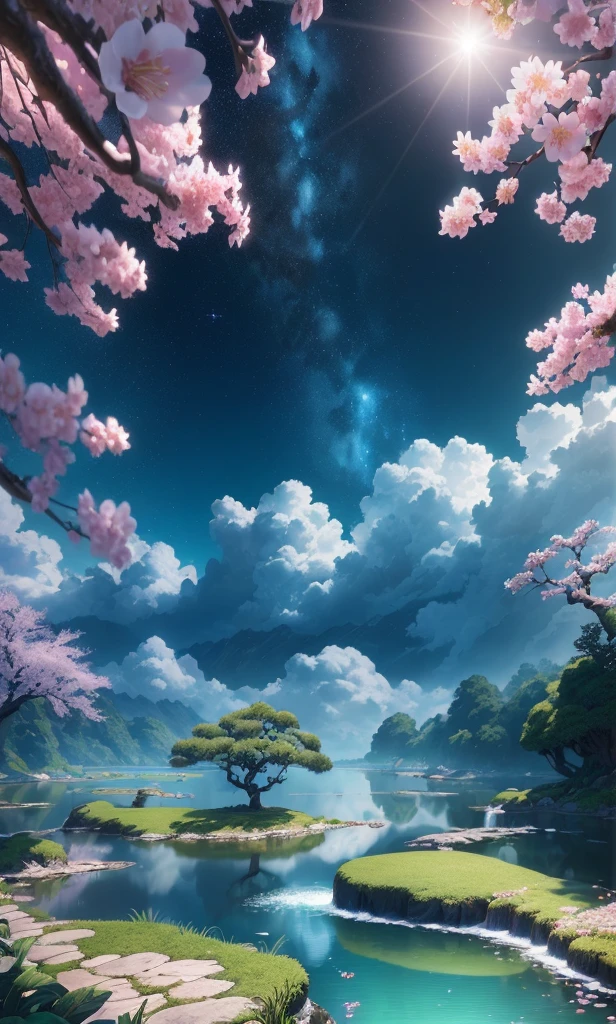 Masterpiece, best quality, (very detailed CG unified 8k wallpaper) (best quality), (best illustration), (best shadow) bright colors, jungle, water, natural beauty, oasis of tranquility, cherry blossom trees, blue sky ray tracing, ultra-detailed -v6, ancient porcelain, jade, starry sky, great wall