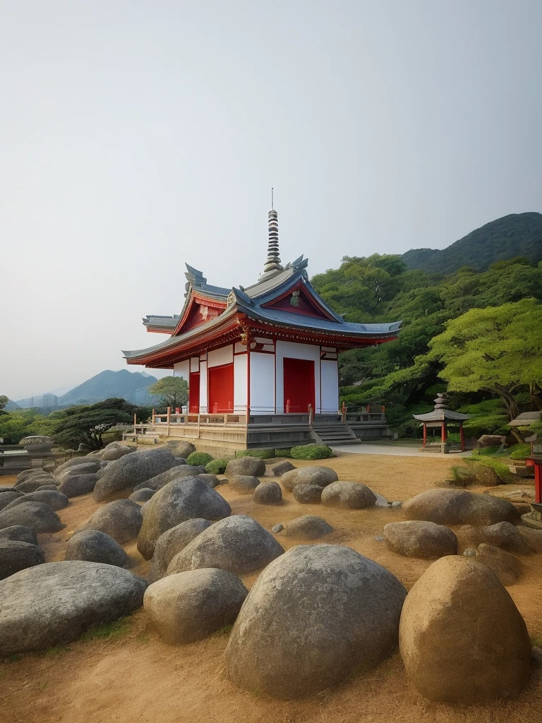 There is a Japanese shrine with a red roof, a mysterious temple, ancient architecture, Buddhist temples, temples, Japanese temples, Taoist temples and monks, there are temples, Buddhist buildings, temples in the background, mysterious temple settings, Shan, Zen temple background
