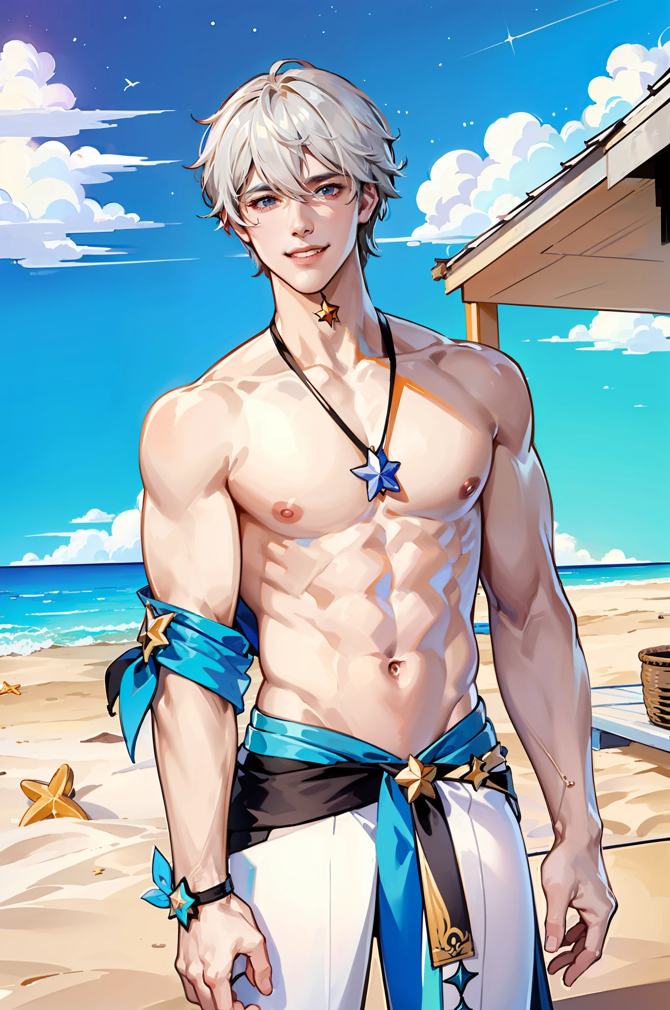male, shirtless, at the beach, cute pose, masterpiece, ((anatomically correct)), ((ccurate)), march 7th /(honkai star rail)/:1.4, ((extremely detailed face)), ((heavenly smile)),