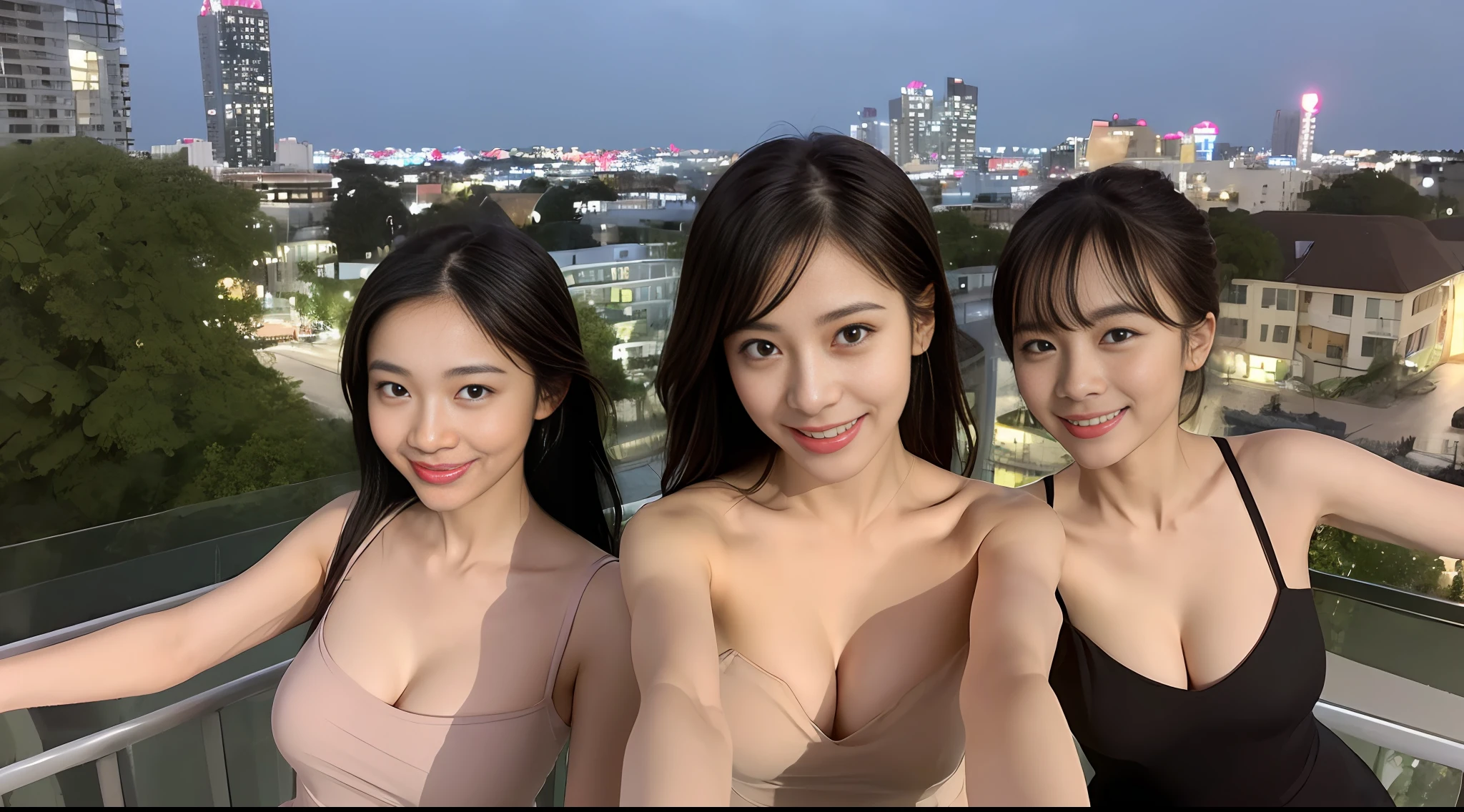 ((Best Quality, 8K, Masterpiece: 1.3)), Selfie, Sharp Focus: 1.2, Cute Beauty in Perfect Figure: 1.4, Slim Big Breasts: 1.2, ((Brown Black, Big Breasts: 1.2)) , (Small transparent dress, semi-nude, highly fine breasts, happy expression, standing: 1.2), ((Rainy city night view, Balcony simple: 1.3 Made with female as the main focus)), Highly detailed face and skin texture, detailed eyes, double eyelids, smile