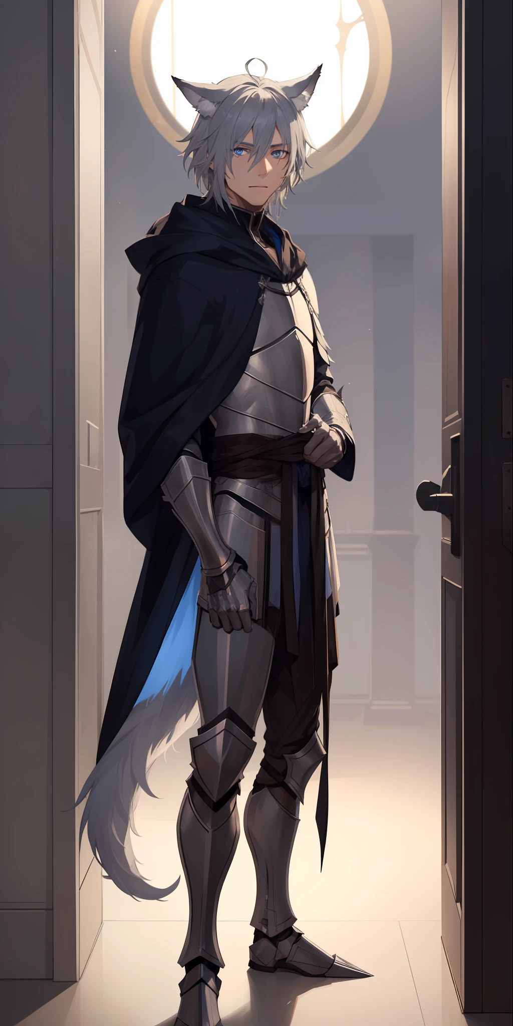 1male, toned, gray hair, slim, glowing blue eyes, HD, vibrant, masterpiece, full body view, wolf ears, wolf tail, knight robes, dead expression, hero, solo, leaning