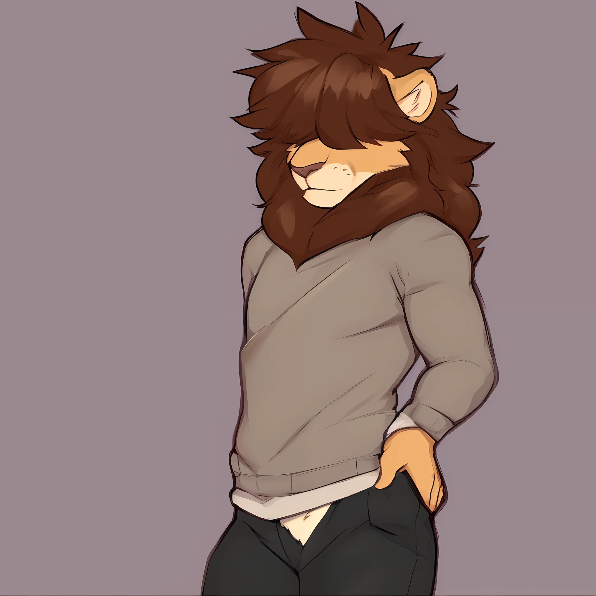 thin male solo cartoon lion by zackary911 hair over eyes wearing clothes brown mane