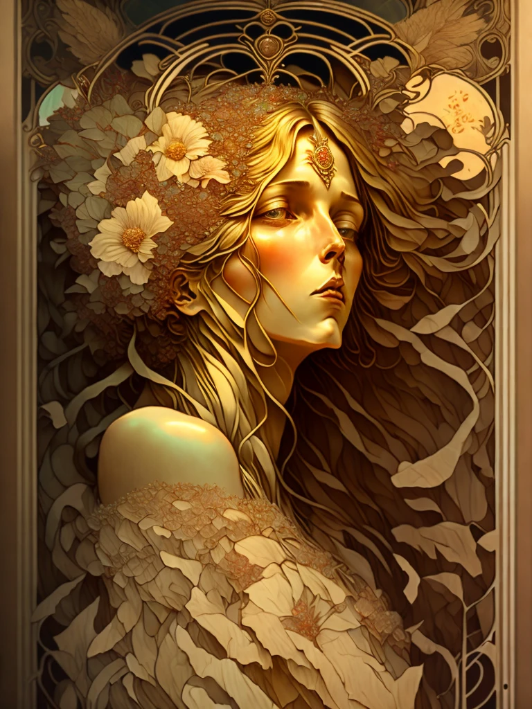 a painting of a woman with flowers in her hair and leaves in her hair by Alphonse Mucha