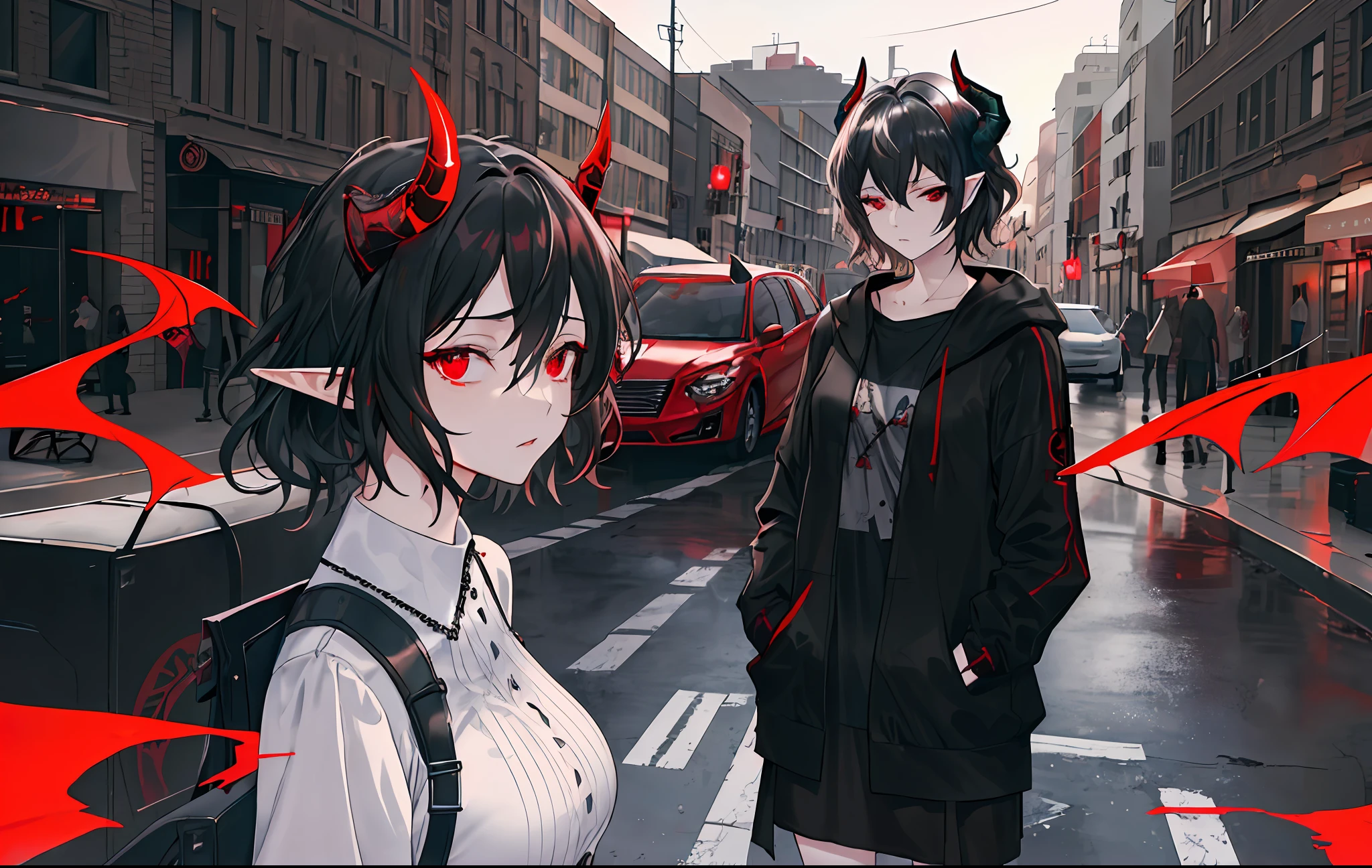 masterpiece, best quality, 1 woman, adult, beautiful, tall woman, thin body, hourglass-figure, finely detailed eyes and detailed face, extremely detailed CG unity 8k wallpaper, intricate details, ((black hair, messy hair, short hair)), light skin, sharp features, elf ears, baggy clothes, oversized clothes, non-tight clothes, ((demon horns color fading from black to red)), (sharp eyes, red eyes), (((tired expression, looking at viewer))), leaning against wall, hands in pockets, night city background, street-style clothing, modern clothing, modern, uhd, perfectly photorealistic, modern, intricate details
