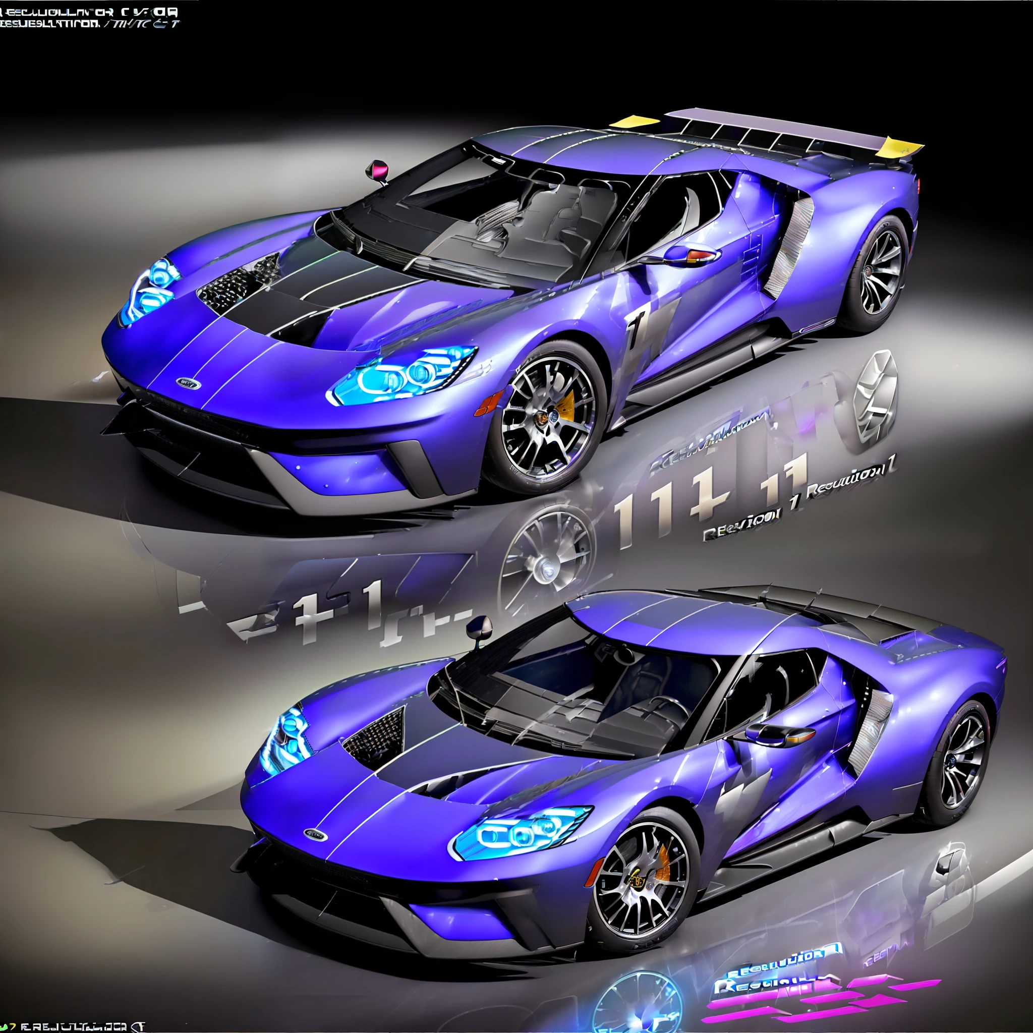 Ford GT with boby kit with purple with marble effect in the paint and details in black piano, 5-point black wheels and 22-inch rim, parked in a photographic studio, with studio lighting, ultra realistic photography full of detail and proportional(( Ultra realistic)) ((realism)) (((quality)) ((full of details)) full HD visual spectacle (((fully symmetrical)) ((fully realistic photography)) (((full car)) ((full boby caf)) ((best resolution)) ((one car))