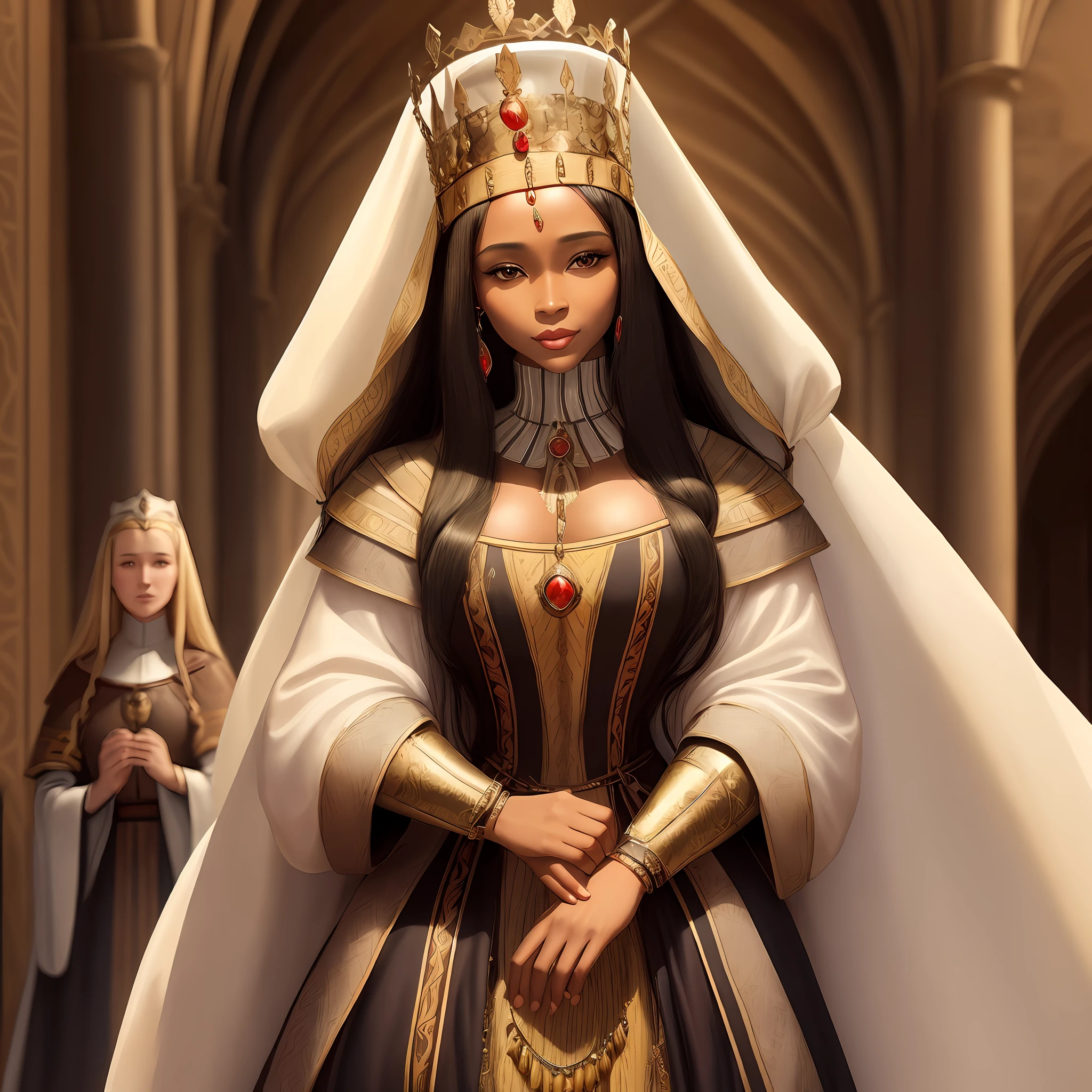 A mature queen of 40 years, with long black hair with blonde tips, medieval., african