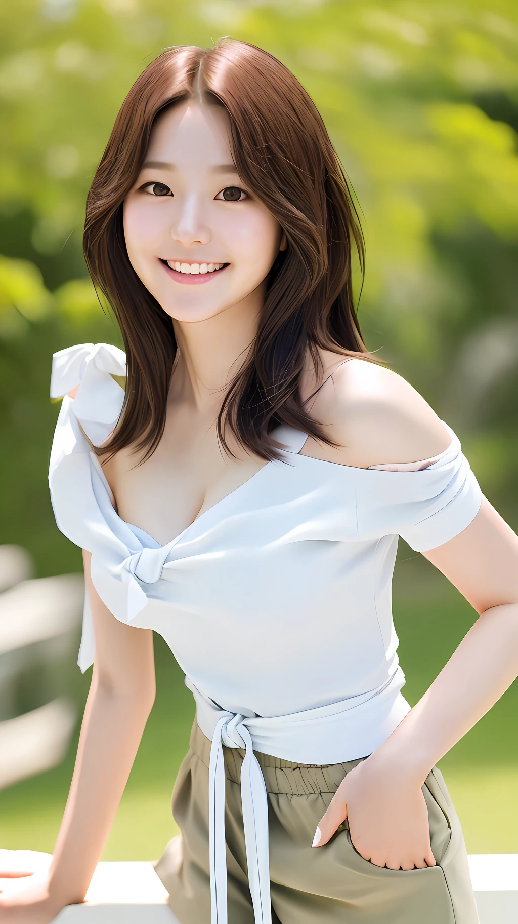 realistic photos of (1 cute Korean star) Shoulder-length hair, thin makeup, medium breasts, slightly smile, wearing waist tie shirt and shorts, sunny day, clear facial features of Canon EOS 35mm, 8K high resolution, sharp and realistic details, close up