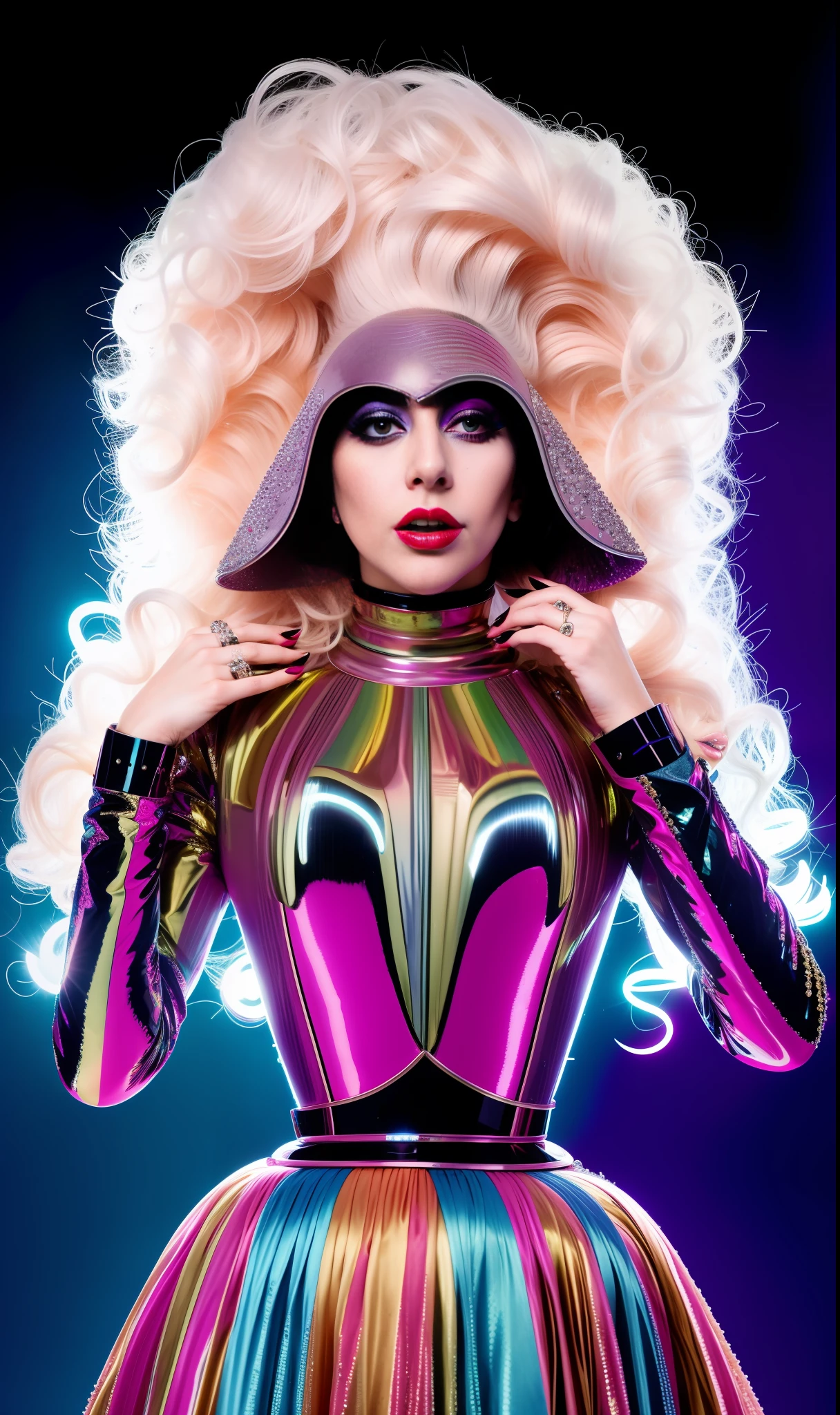 Lady gaga photo, 4K texture, robotic and extravagant dress and strange hairstyle, 8k image, haute couture, flashes, high image quality, neon dress, realistic face, various original poses, raising hands, showing back etc.