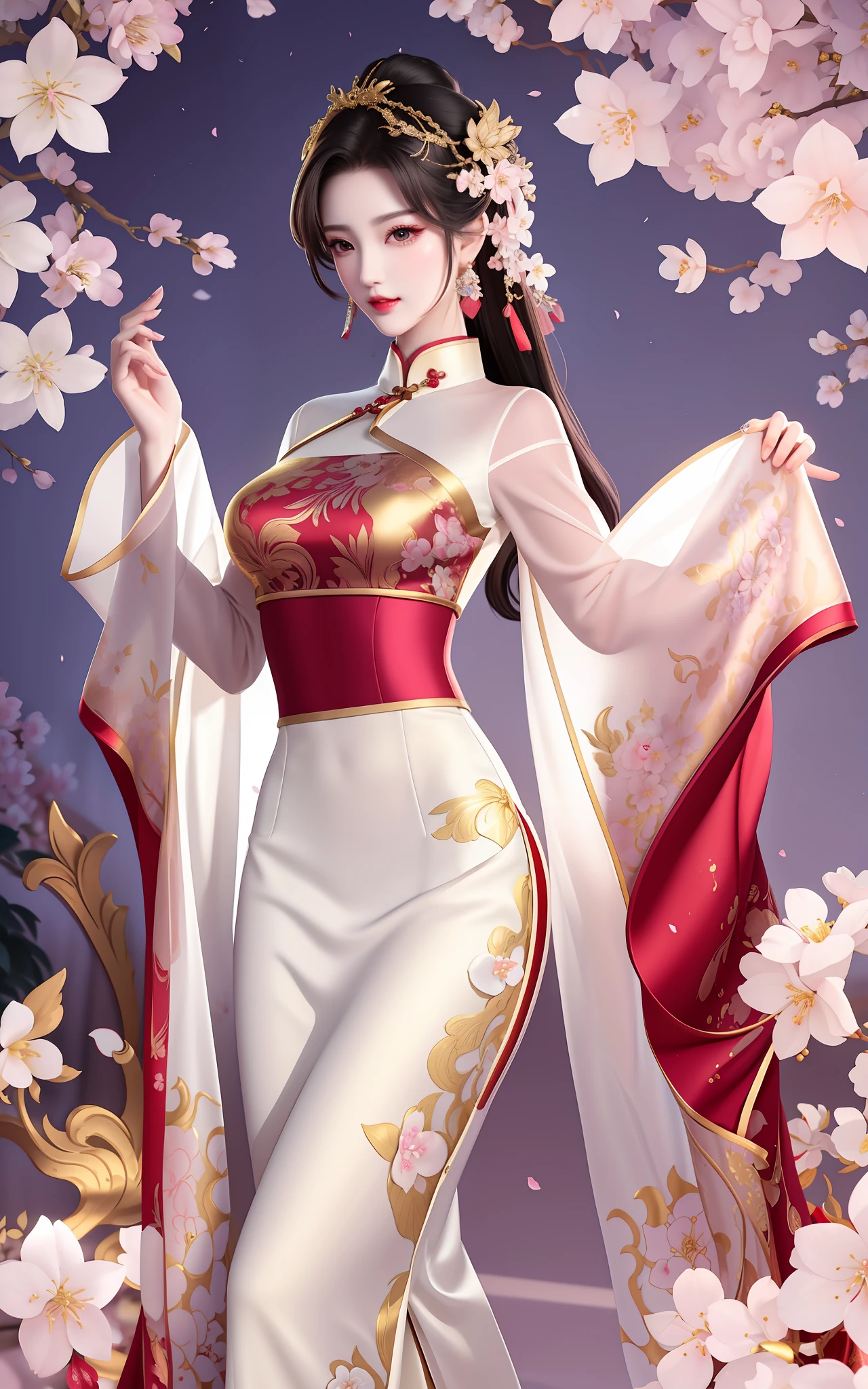 Gorgeous cheongsam, silk material, elegance, unique charm, graceful posture, sexy lines, exquisite design, high neck, fitted cut, slender neck, graceful, red, warm and auspicious, golden pattern, gorgeous and luxurious, gold trim, bright color, golden thin belt, slender waist, feminine beauty, beautiful, enchanting, fair skin, budding flowers, bright eyes, charming mysterious light, seducing the mind, slender curved eyebrows, subtle expressions, playful style, bright lips, upturned, delicate cherry blossom petals, Teeth are neat and white, alluring light, traditional charm, modern fashion, classical sexy charm, visual feast, admiration