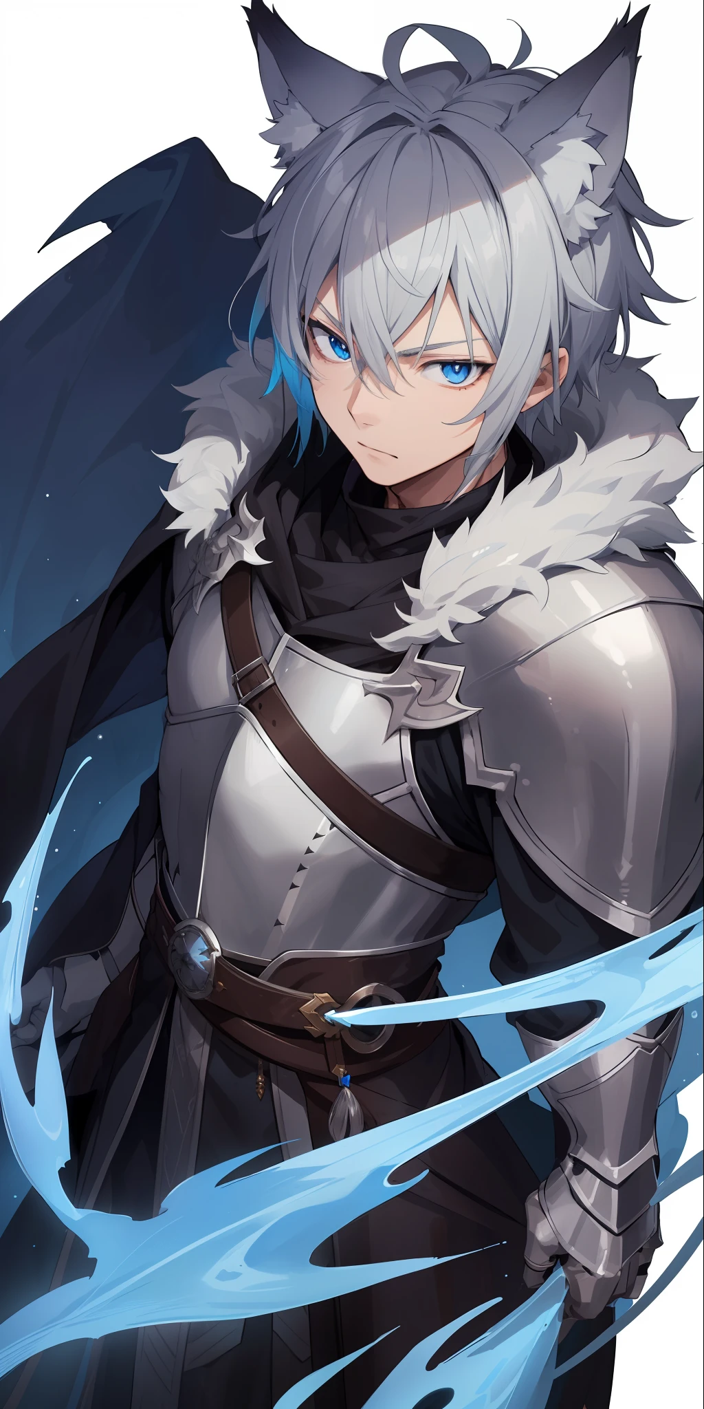 1male, toned, gray hair, slim, glowing blue eyes, HD, vibrant, masterpiece, wolf ears, wolf tail, knight robes, dead expression, hero, solo, riding dragon, upper body