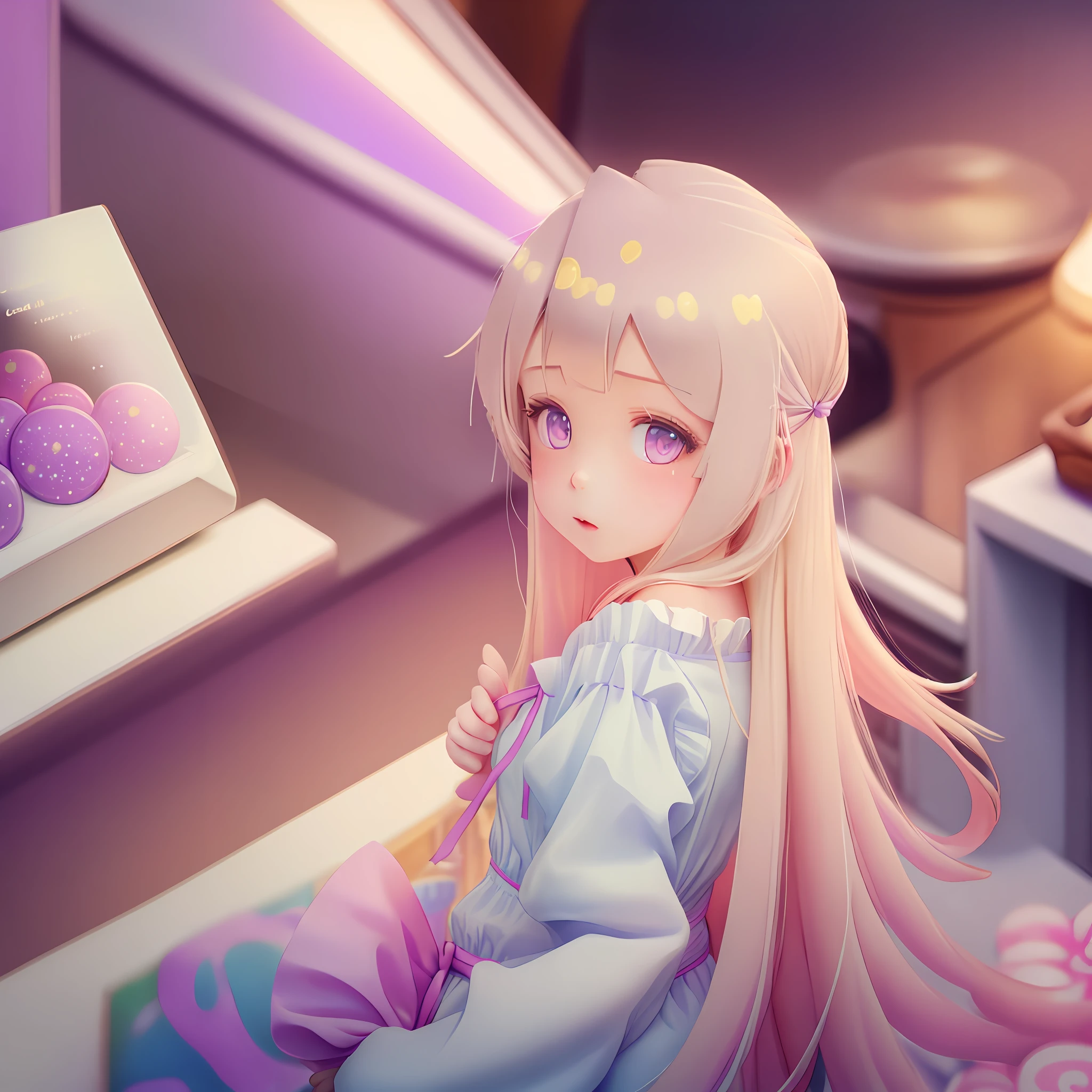 Cute blonde hair girl with lavender eyes in candy shop with galaxy theme interior