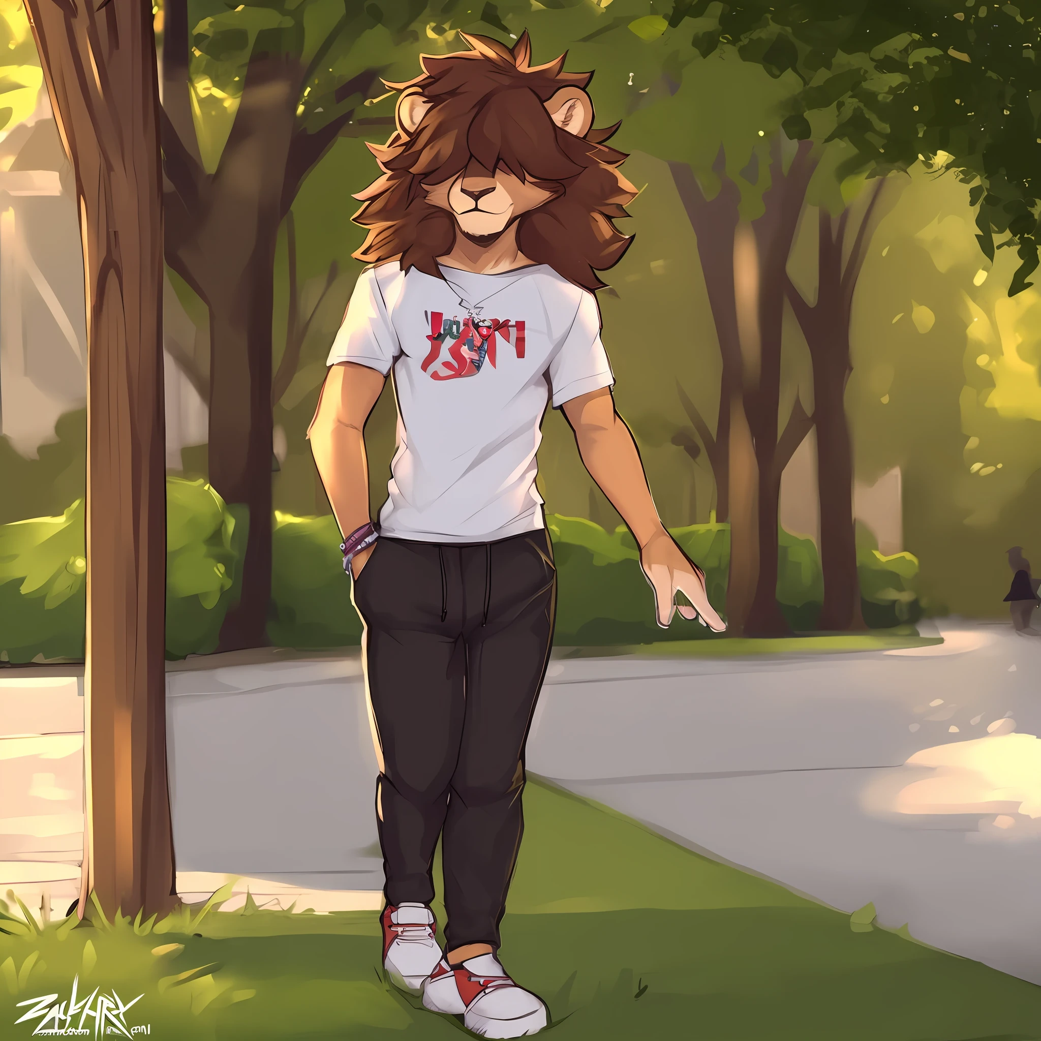 thin male solo cartoon lion by zackary911 hair over eyes wearing fashionable clothes brown mane slim scruff dripped out with all kinds of fashion in public park