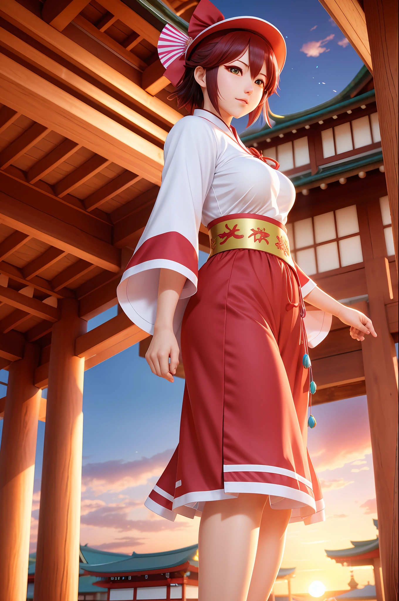 Chizuru Kagura, (city: 1.2)(touhou costume style), best quality, ultra high res, (cg illustration, high quality), Japanese architecture, sunrise