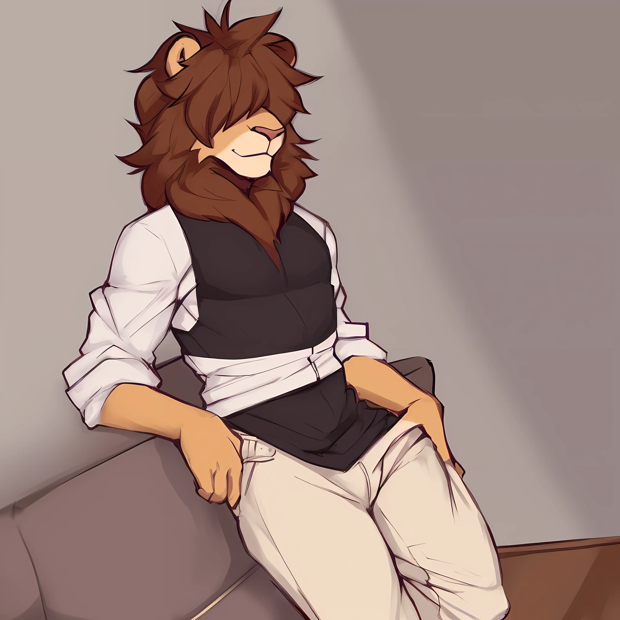 thin male solo cartoon lion by zackary911 hair over eyes wearing fashionable clothes brown mane slim scruff dripped out with all kinds of fashion casual