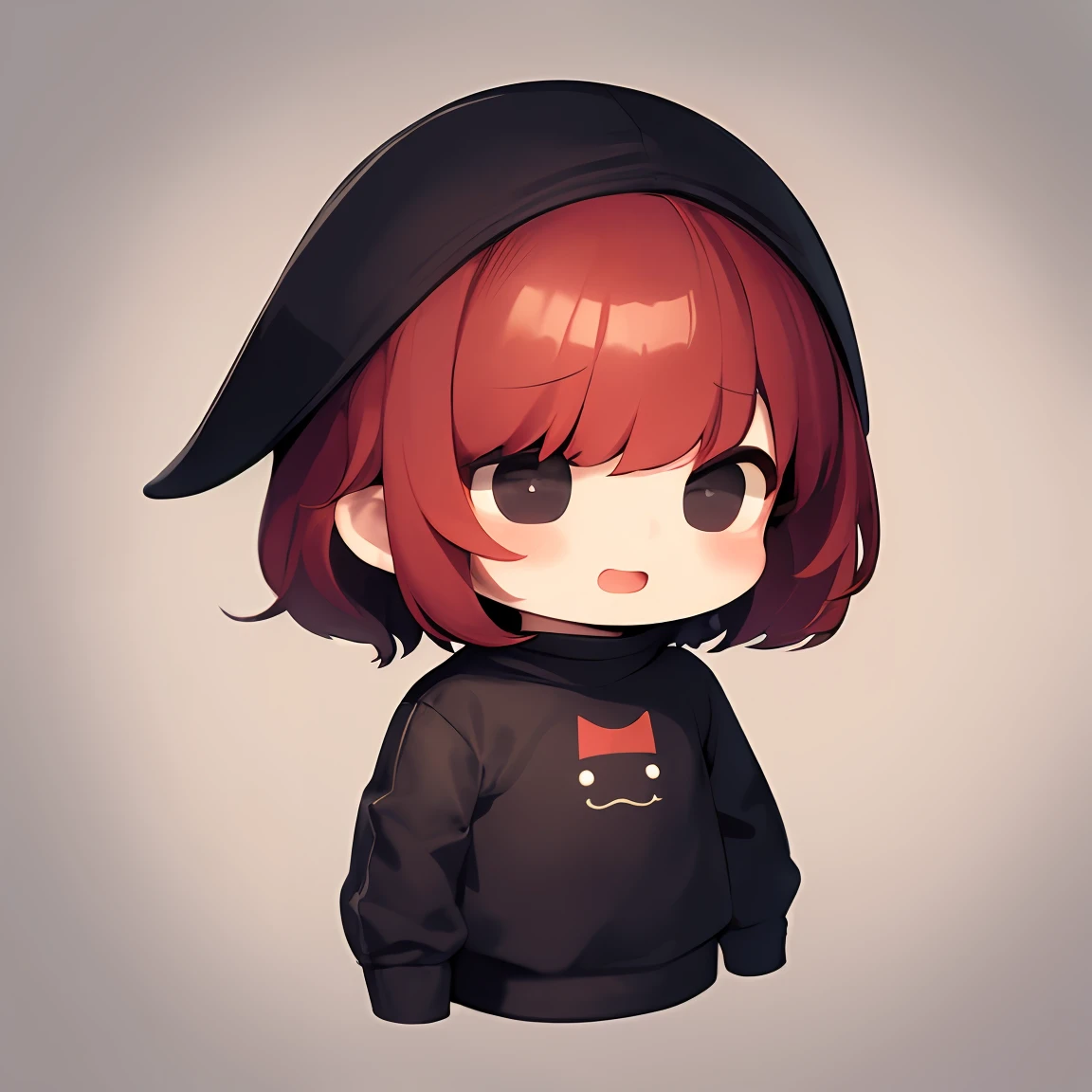 best quality, masterpiece, kyrielight mash, solo, 1girl, black eyes, :d, fat, black clothes, (chibi: 0.6), light red hair, short hair, sticker, emoji, cute, white background, ((sad)), chibi