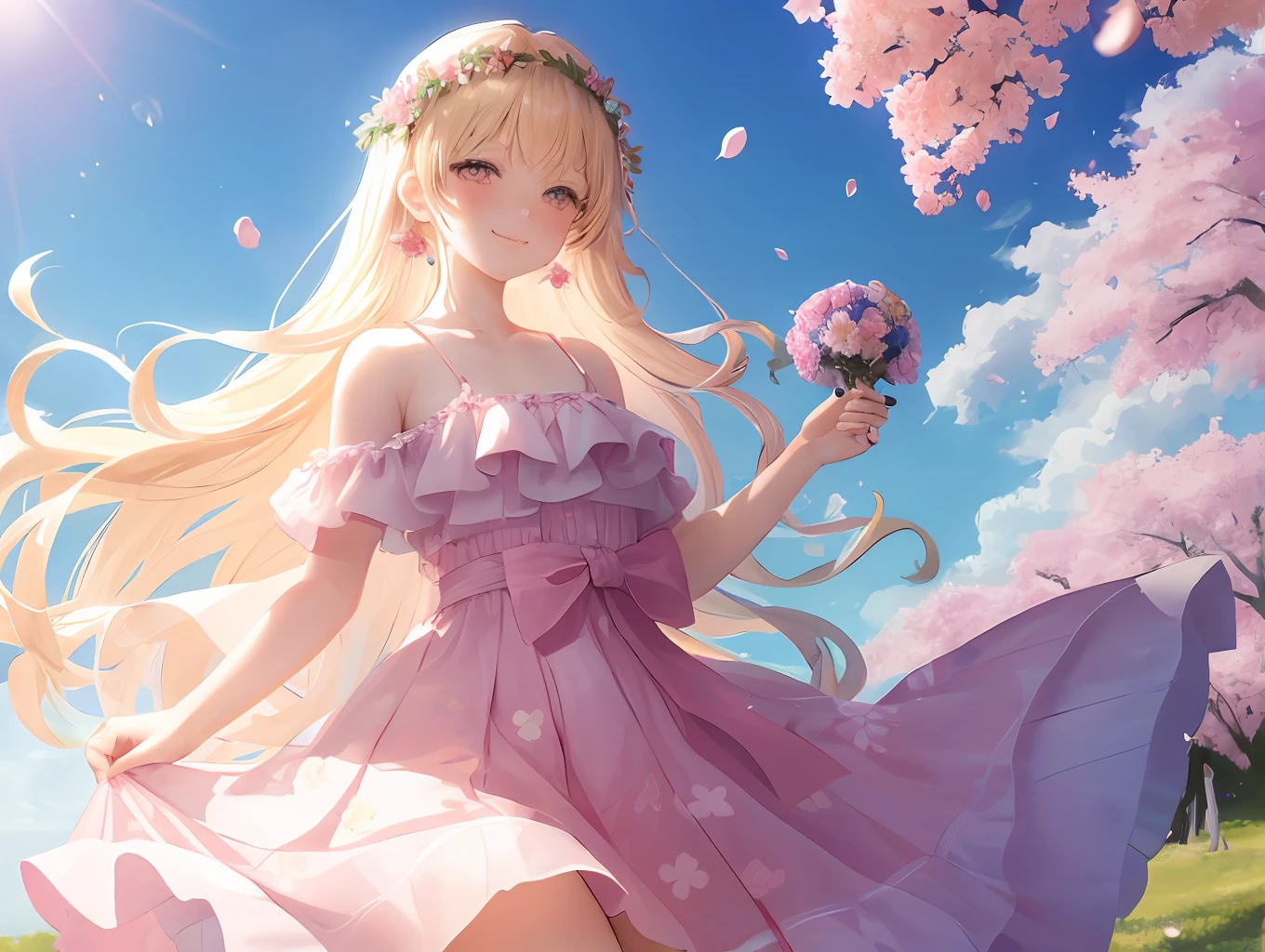art by Cornflower, dreamer
cherry_blossoms, falling_petals, petals, branch, pink_flower, 1girl, 20 years old, blue_sky, spring_\(season\), petals_on_liquid, flower, hanami, dress, (long blonde curly hair: 1.5), wearing a wreath, holding a pistol, sky, outdoors, cloud, fringe, smile, pink_eyes, white skirt with cherry blossom ornaments, bare_shoulders, earrings, holding_flower, wind, tree, looking_at_viewer, cowboy shot,