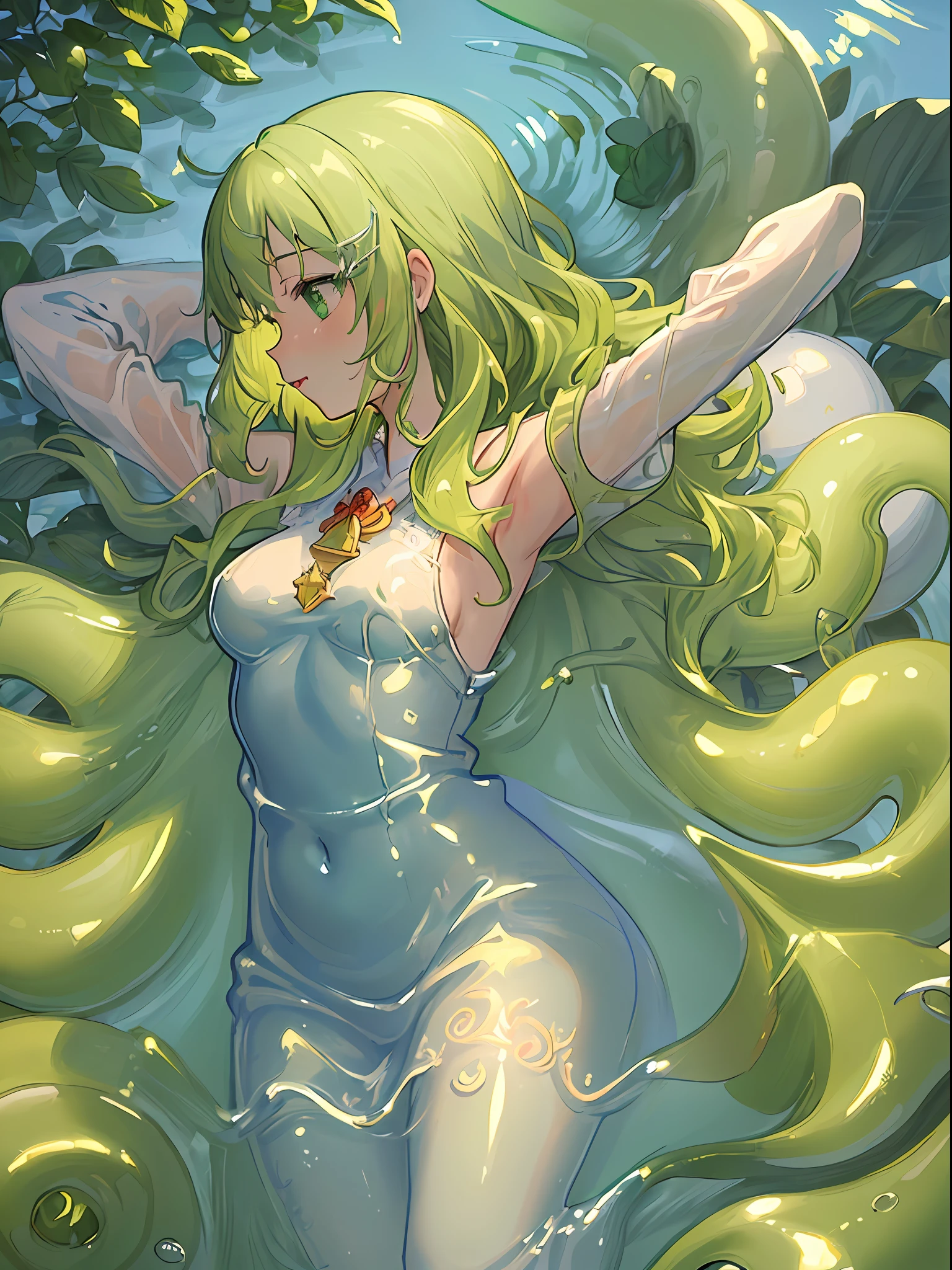 (((masterpiece))), (((illustration))), ((portrait)), ((strong outlines)), profile picture, curvy , sassy, 1girl, solo, fantasy (slime girl), small breasts, green slime, green skin, green slimy skin, arms behind head, water hair, super wavy hair, digital art, art by Mika Pikazo, trending on ArtStation, featured on Pixiv
