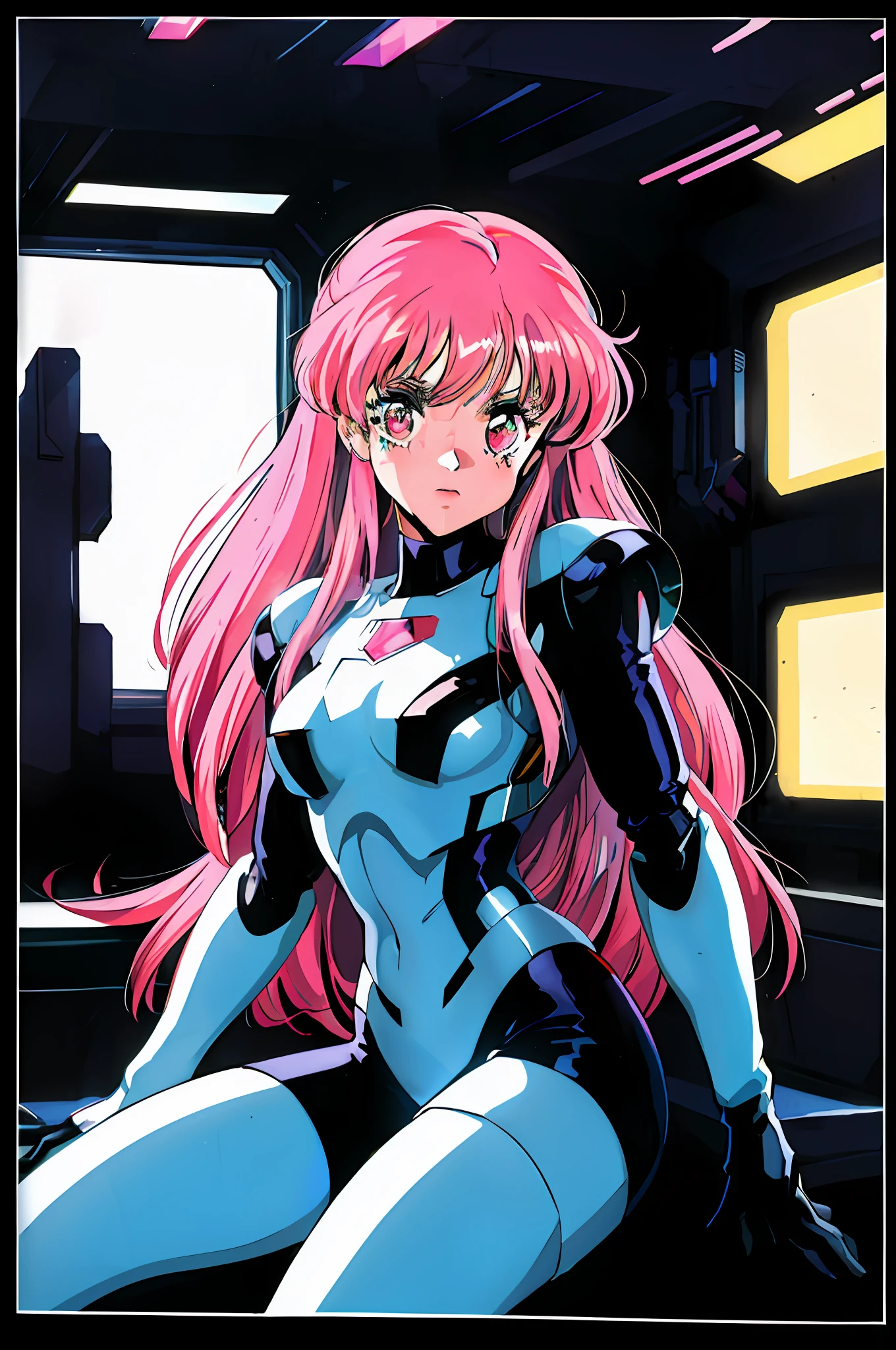 1980s \(style\), (masterpiece, best quality:1.3), 1girl, mechanical suit, spaceship, bay window, laser gun, long hair, pink hair, red eyes, art by ([Drew Struzan|Albert Pyun]:1.3),