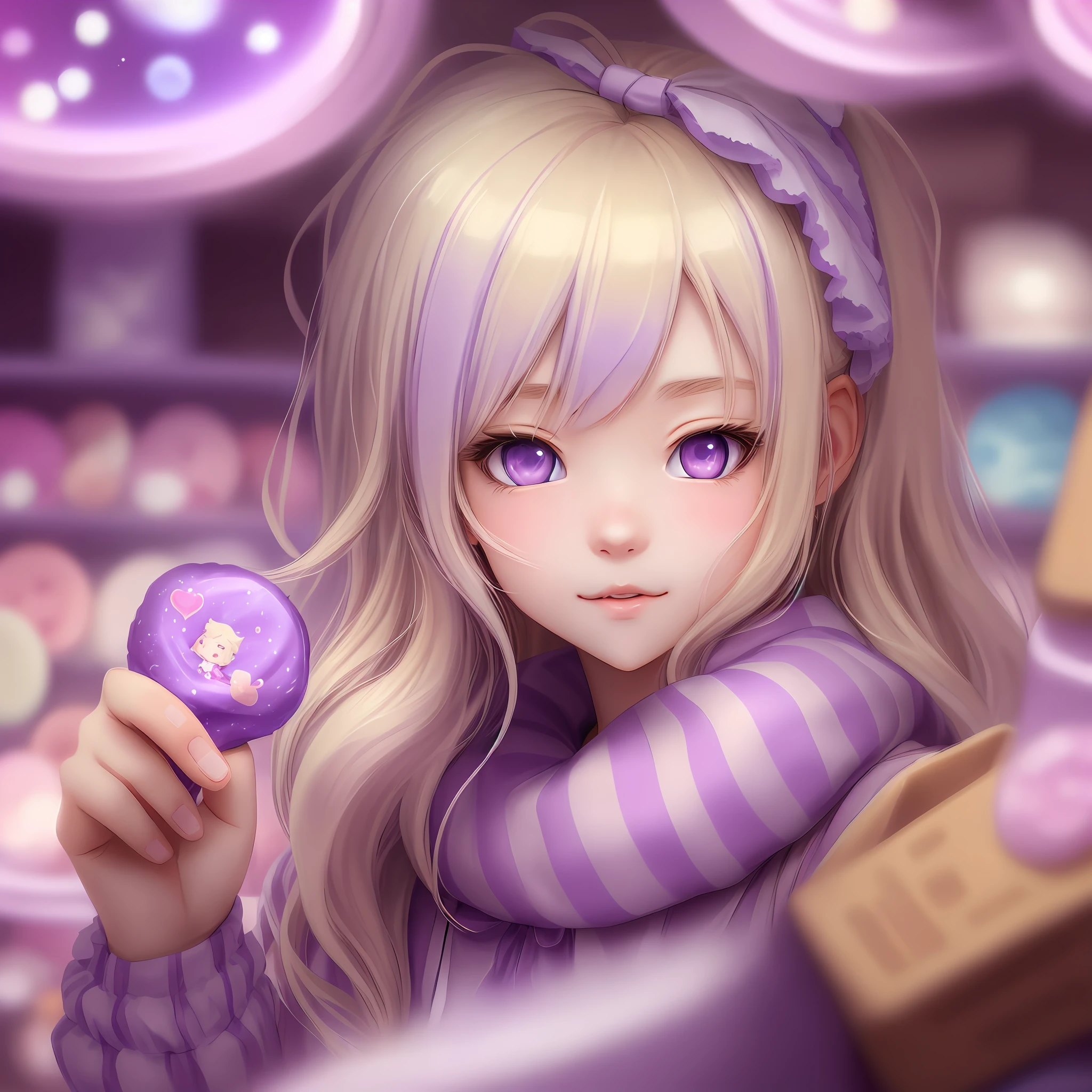 Cute light blonde haired 2d anime style girl with lavender colored eyes in a candy Galaxy shop