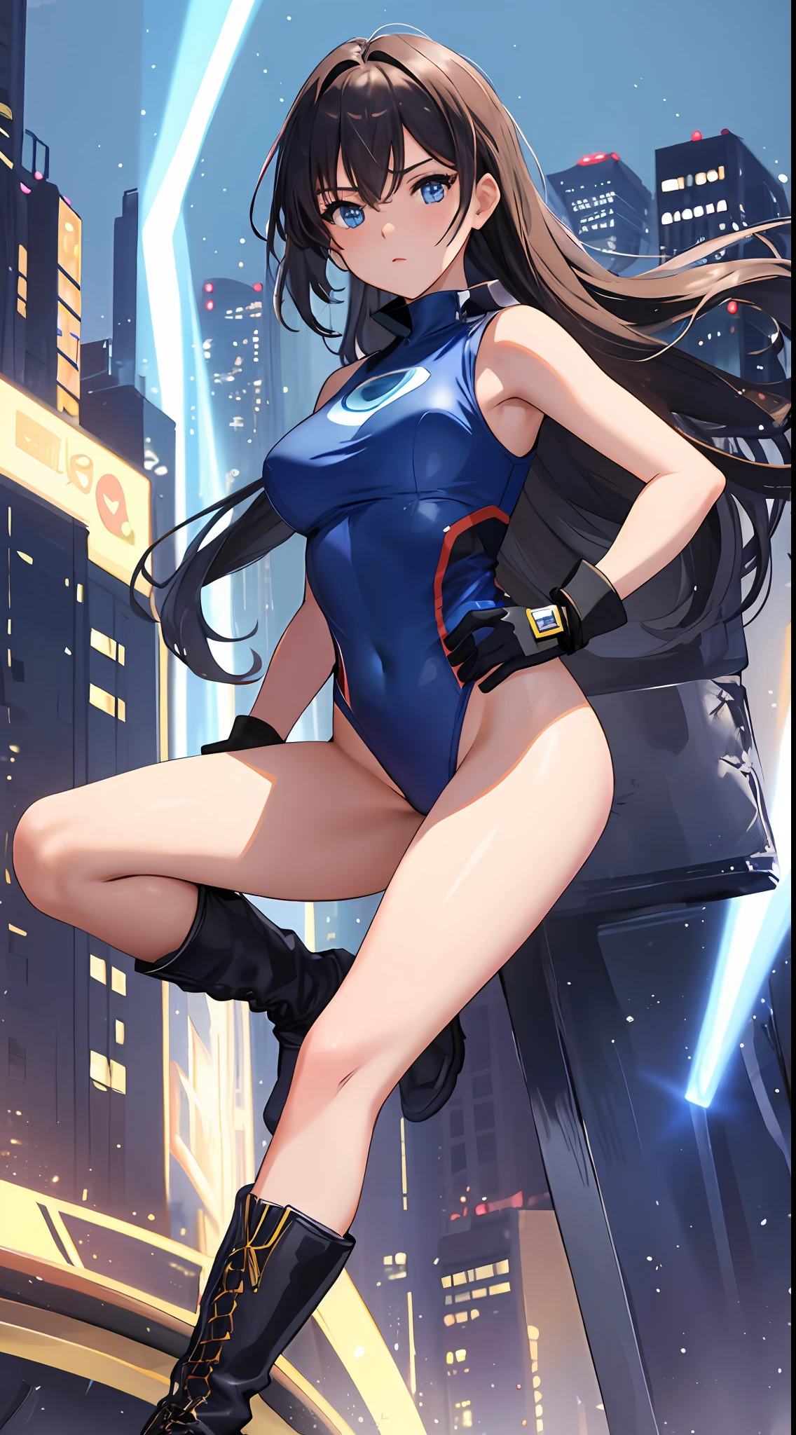 masterpiece, best quality, highres, 1girl, solo, superhero, leotard, bare legs, boots, matching boots, hands on hip, aura, blue aura, sleeveless, gloves, bracelets, matching gloves, looking at viewer, light particles, city backdrop, perfect hands, perfect eyes, powering up, perfect leotard,