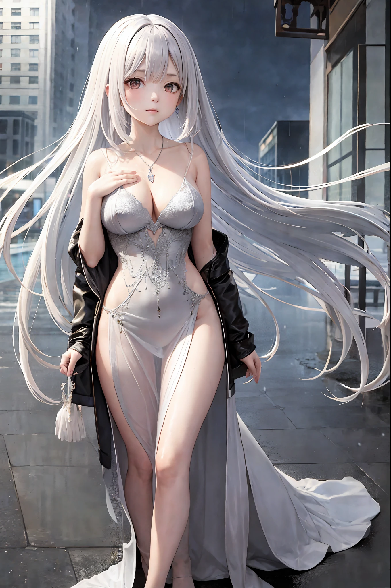 (8k, best quality, masterpiece: 1.2), 1 girl, 20s, portrait, (long loose silver exposed dress: 1.1), necklace, pretty, cityscape, night, rain, wet, photon mapping, radiosity, physics-based rendering, (intricate details, taut clothes, hair ornaments: 1.2), silver hair, one hand in front of the chest