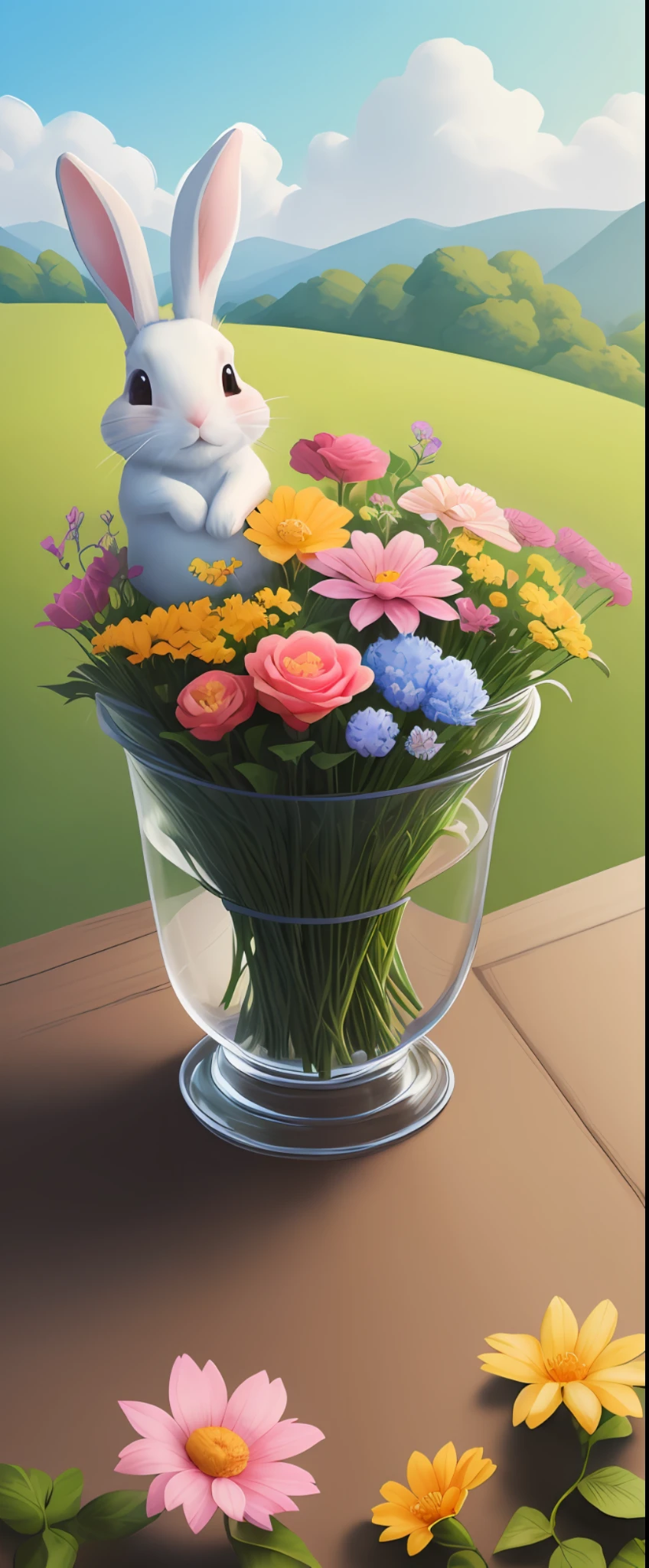 It is a two-dimensional illustration full of nature, with colorful flowers and quiet nature scenes. The little rabbit in the picture holds a bouquet of flowers and enjoys the gifts of nature on this beautiful day.