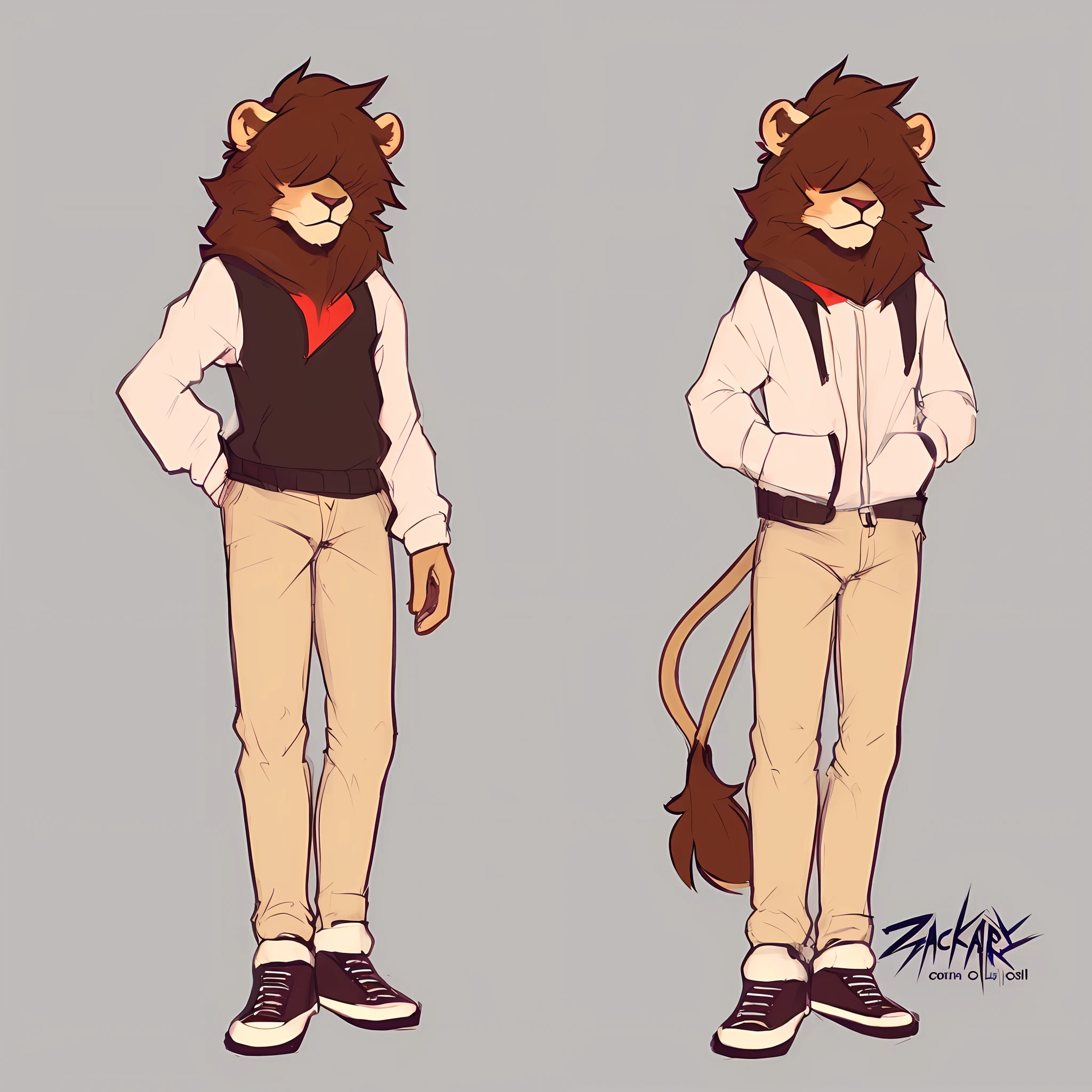 thin male solo cartoon lion by zackary911 hair over eyes wearing fashionable clothes brown mane slim scruffy colorful clothes variety of colors