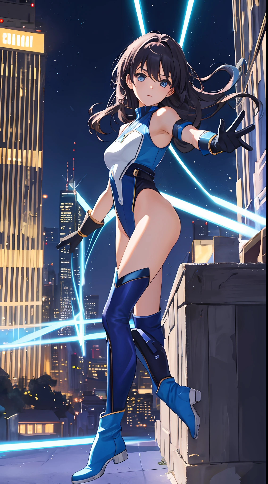 masterpiece, best quality, highres, 1girl, solo, superhero, leotard, bare legs, boots, matching boots, aura, blue aura, sleeveless, gloves, bracelets, matching gloves, looking at viewer, light particles, city backdrop, perfect hands, perfect eyes, powering up, perfect leotard,
